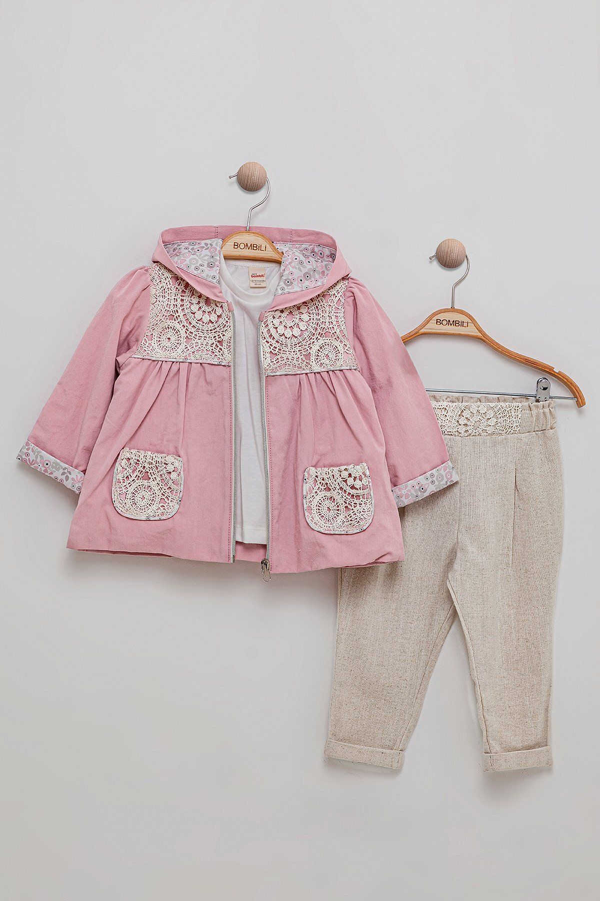 Bombili-Lace Detailed 3-Piece Baby Girl Set with Hood and Elastic Waist 1