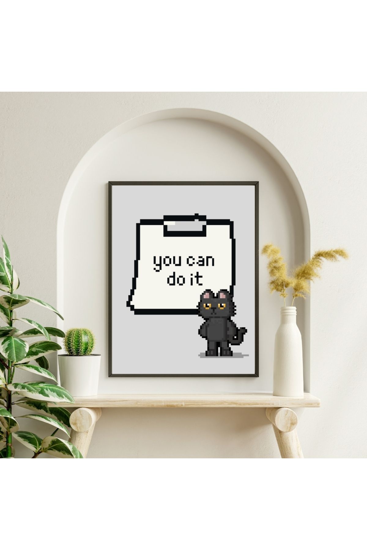 SÜMER Kedili Motivasyon Tablosu - Pinterest Tarzı Modern Çerçeveli Poster - You Can Do it Piksel Tasarım