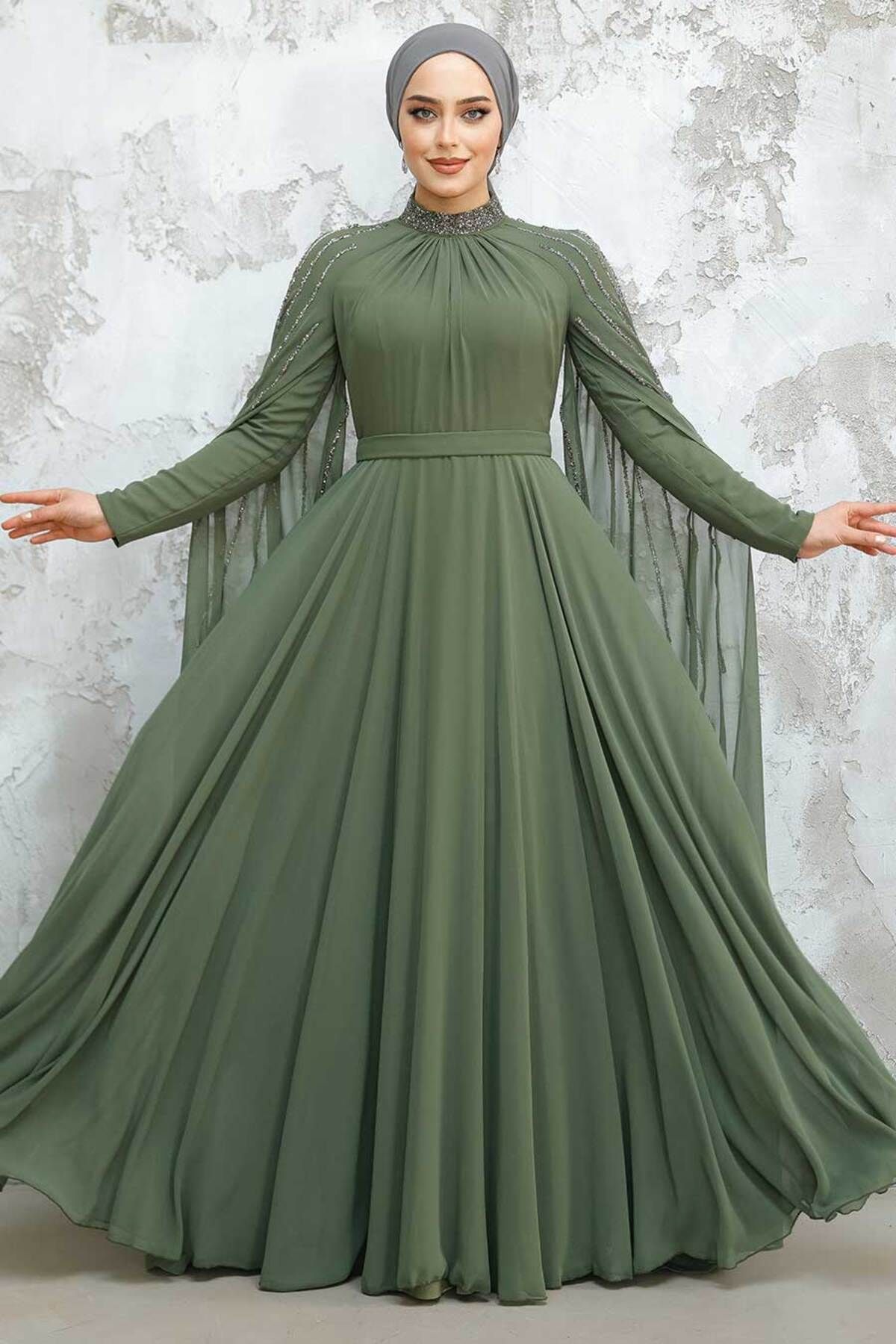 Neva Style-Khaki Hijab Evening Dress with Cape Detail 47381Hk 1