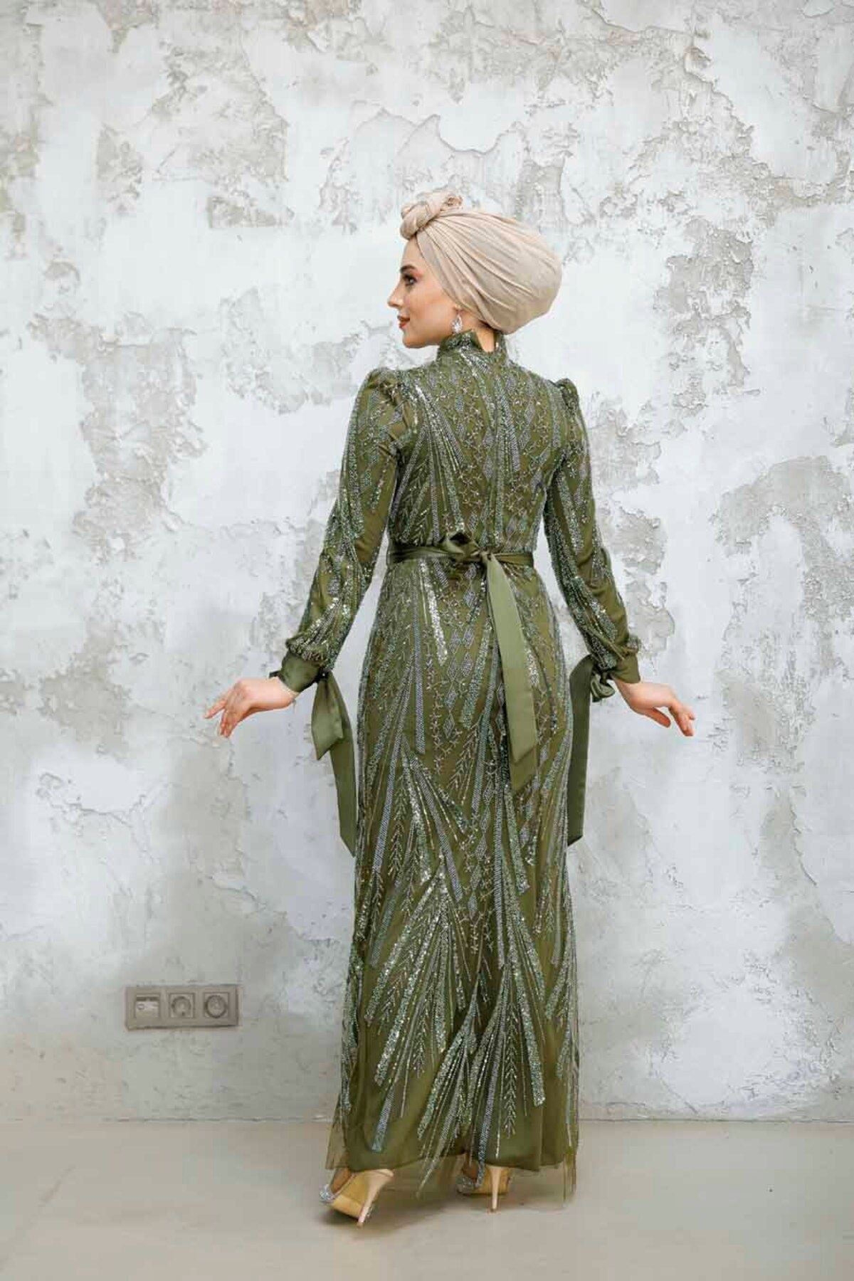 Neva Style-Beaded Khaki Hijab Evening Dress 47631Hk 4