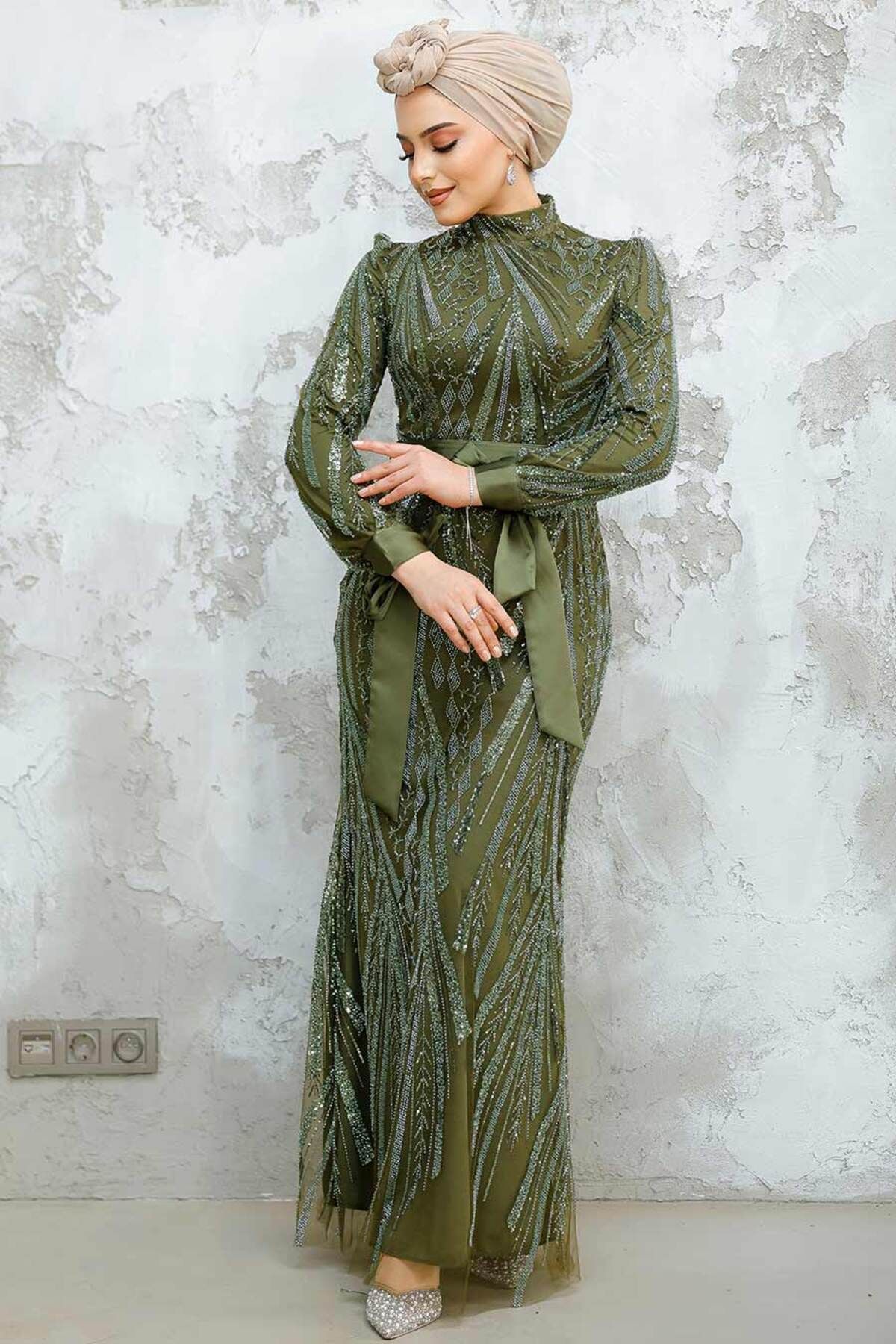 Neva Style-Beaded Khaki Hijab Evening Dress 47631Hk 2