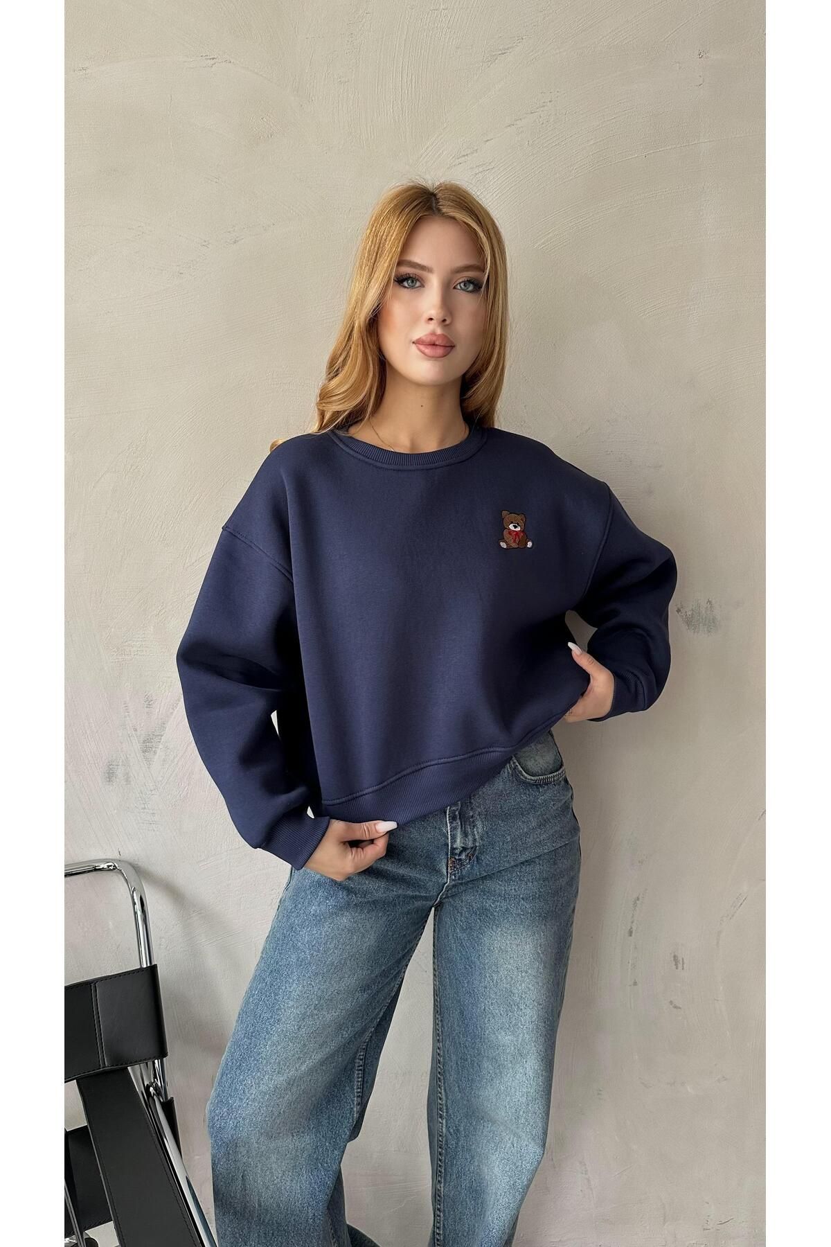 Angel Mia Teddy Bear Kısa Sweatshirt Lacivert