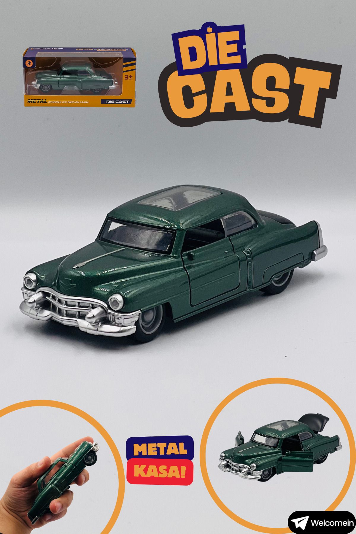 welcomein Oyuncak Yeşil Chevrolet Model Çek Bırak Kutulu Metal Die Cast Araba Kapıları Açılan Koleksiyon Özel