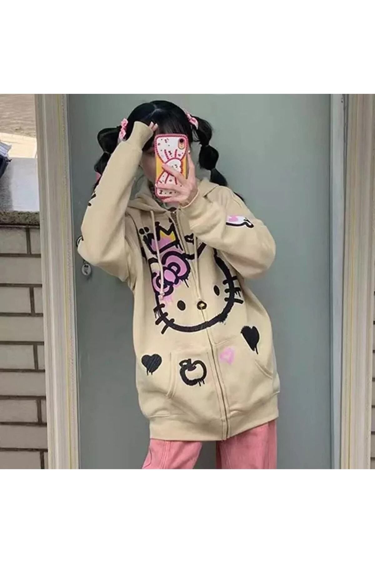 rengarenk outlet Kalın Kumaş Hello Kitty Graffiti Bej Fermuarlı Unisex Kapüşonlu Harajuku Hırka