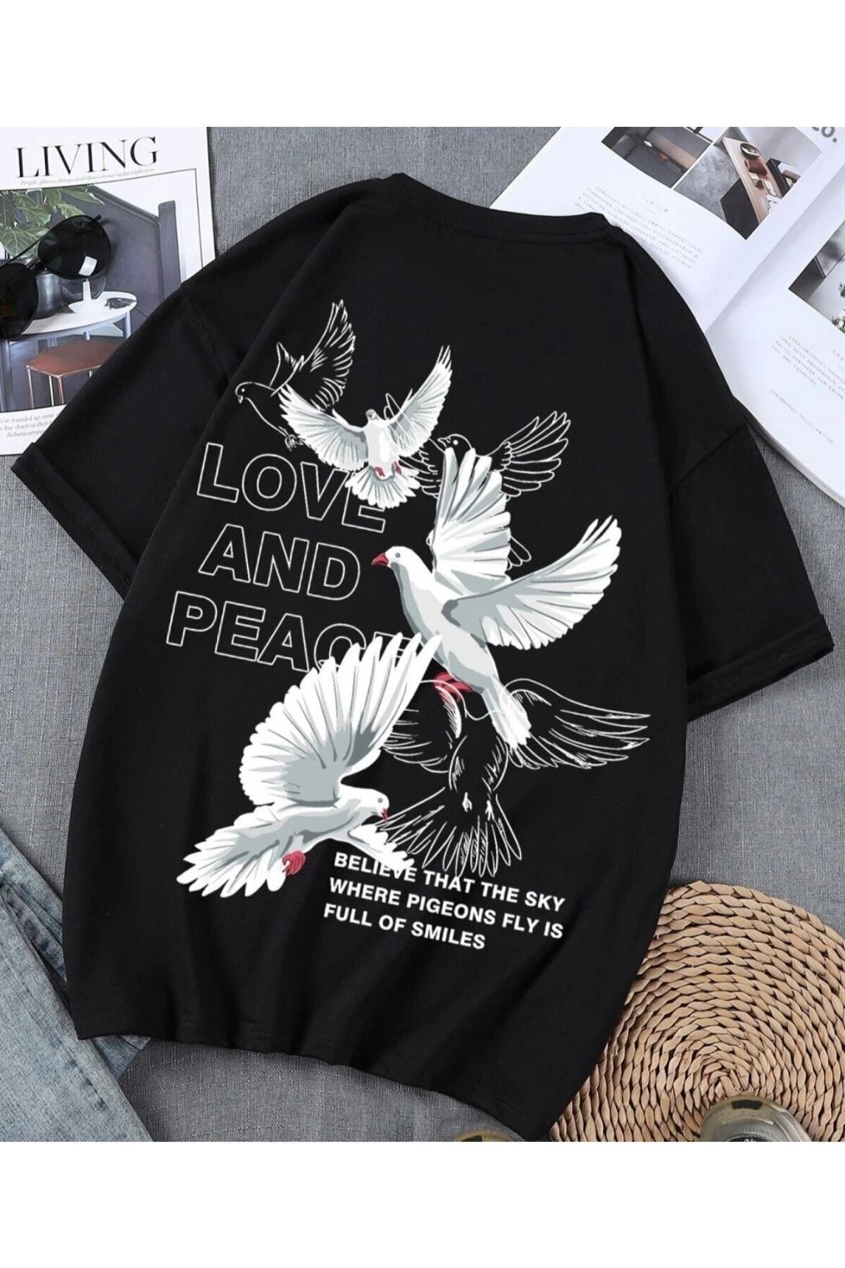 GIANTSTORE Unisex Siyah Gögüs Ve Sırt Kuş Love And Peace Baskılı Tshirt