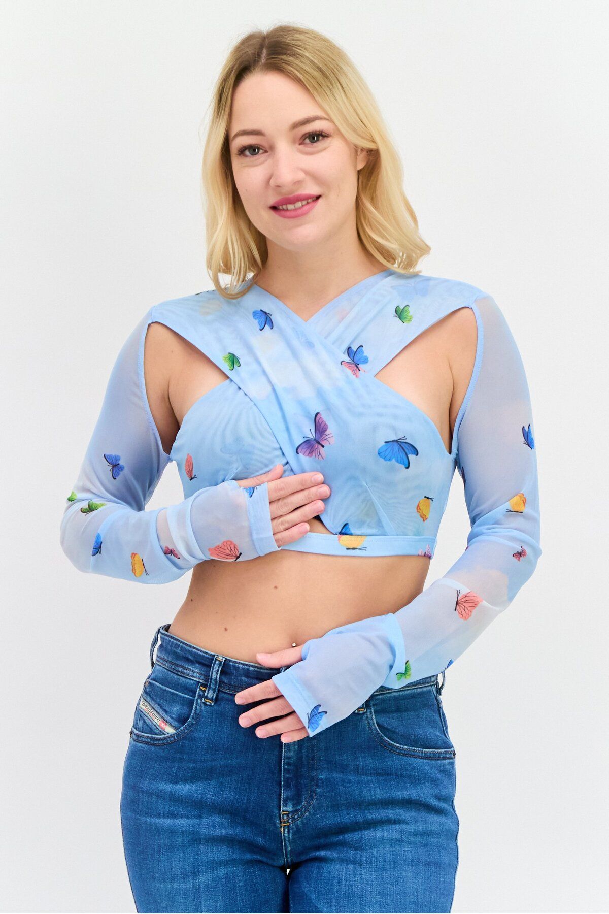 OW Intimates-Women Crisscross Neckline Long Sleeve Allover Print Top, Blue Combo 1