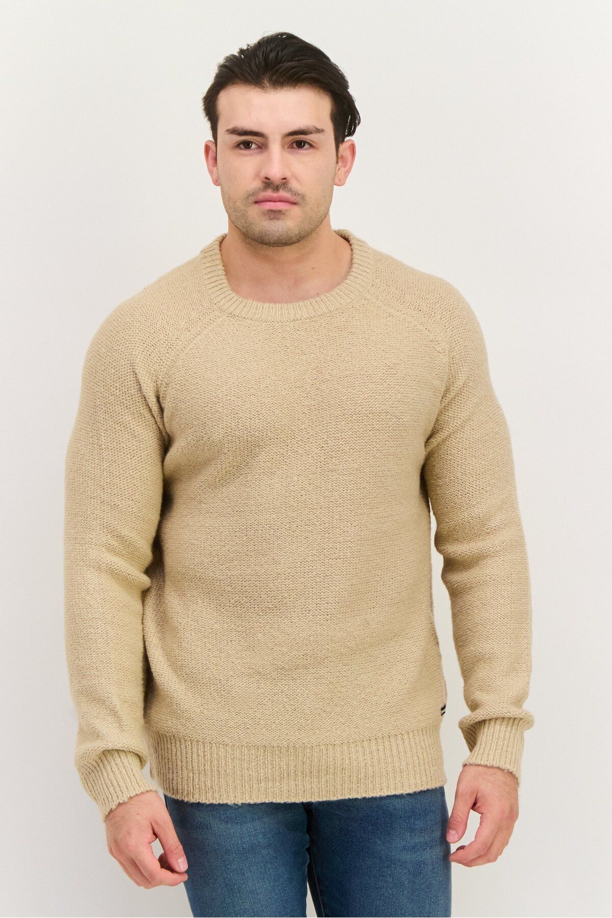 Threadbare-Men Crew Neck Long Sleeve Knitted Sweater, Beige 1