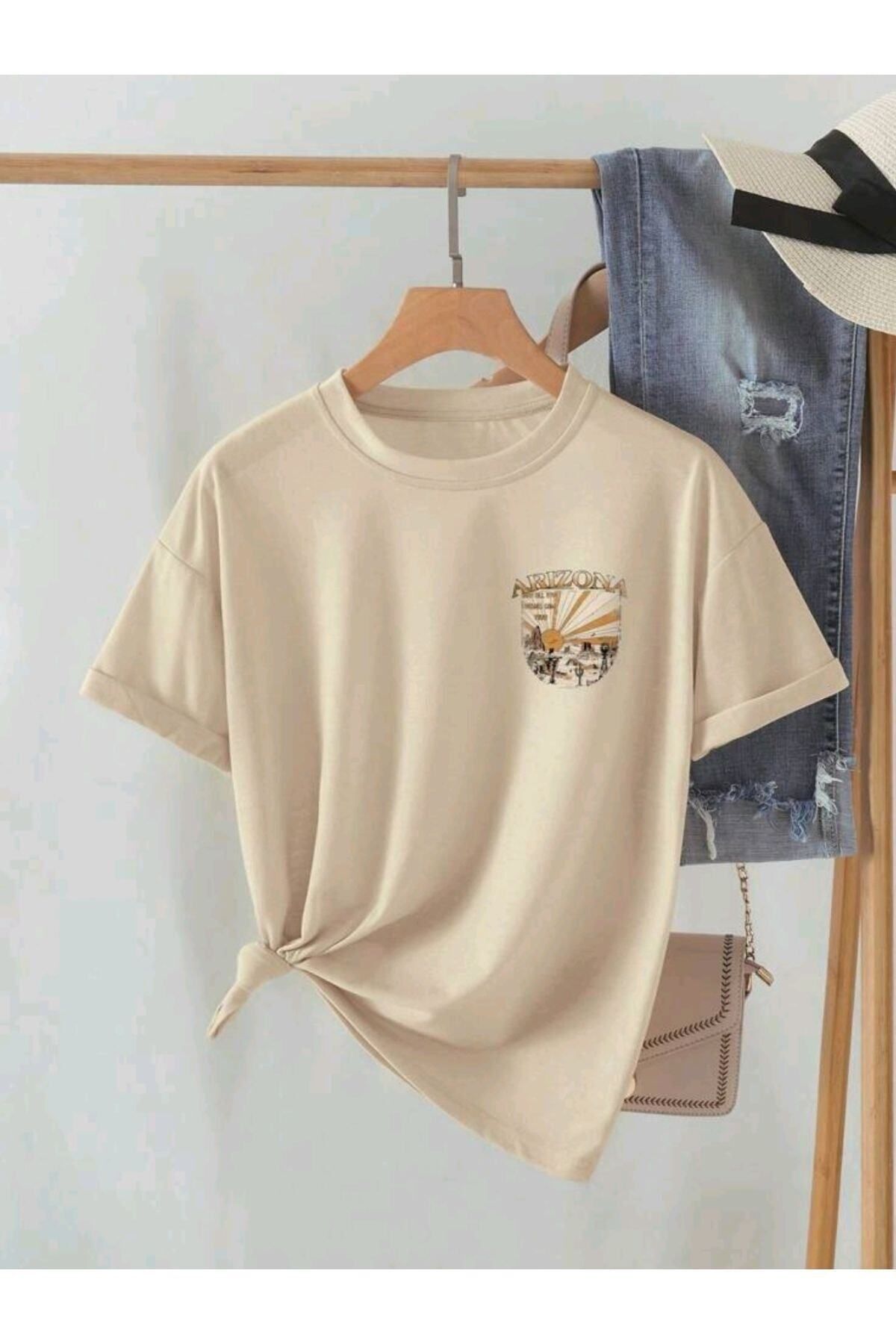 GIANTSTORE Kadın Bej Arızona Oversize Bisiklet Yaka Tshirt
