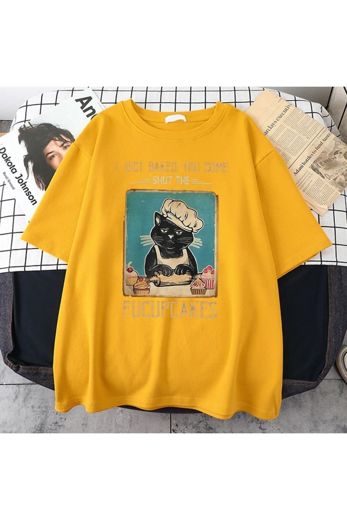 GIANTSTORE Kadın Sarı Fucupcakes Baskılı Oversize Bisiklet Yaka Tshirt