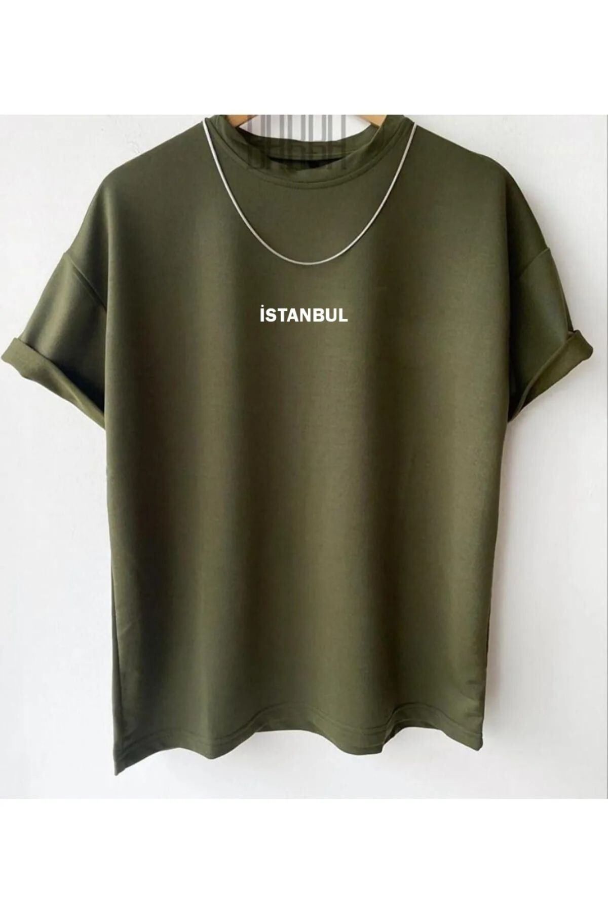 GIANTSTORE Erkek Haki Istanbul Baskılı Oversize Bisiklet Yaka Tshirt