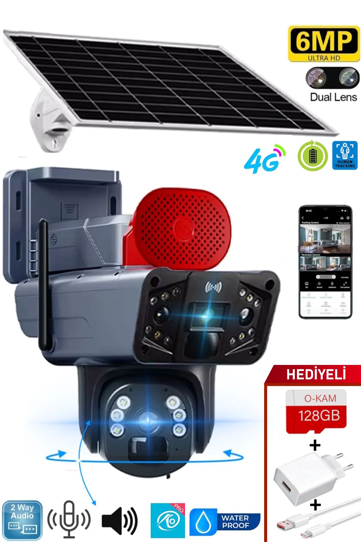 Ventus 4G Solar 6MP Akıllı Çift Kamera + Şarj Cihazı ve Kablo HEDİYE Gece Görüş Sesli Konuşma