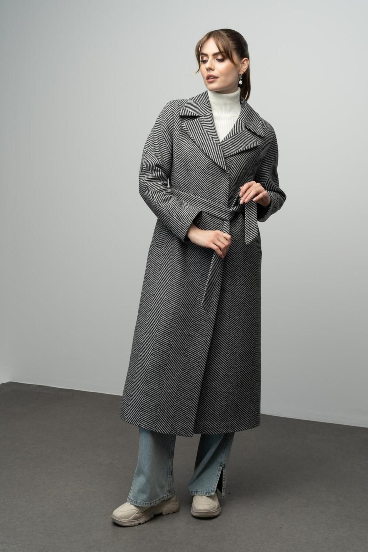 Olcay-Herringbone Patterned Oversize Coat - Snap Closure, Intermediate Size, BLACK 3035 4