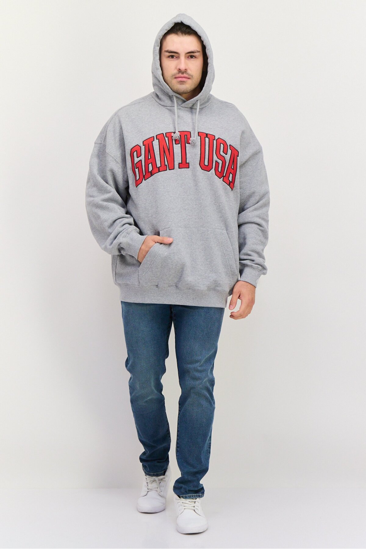 Gant-Men Hooded Embroidered Logo Long Sleeves Sweatshirt, Grey 4