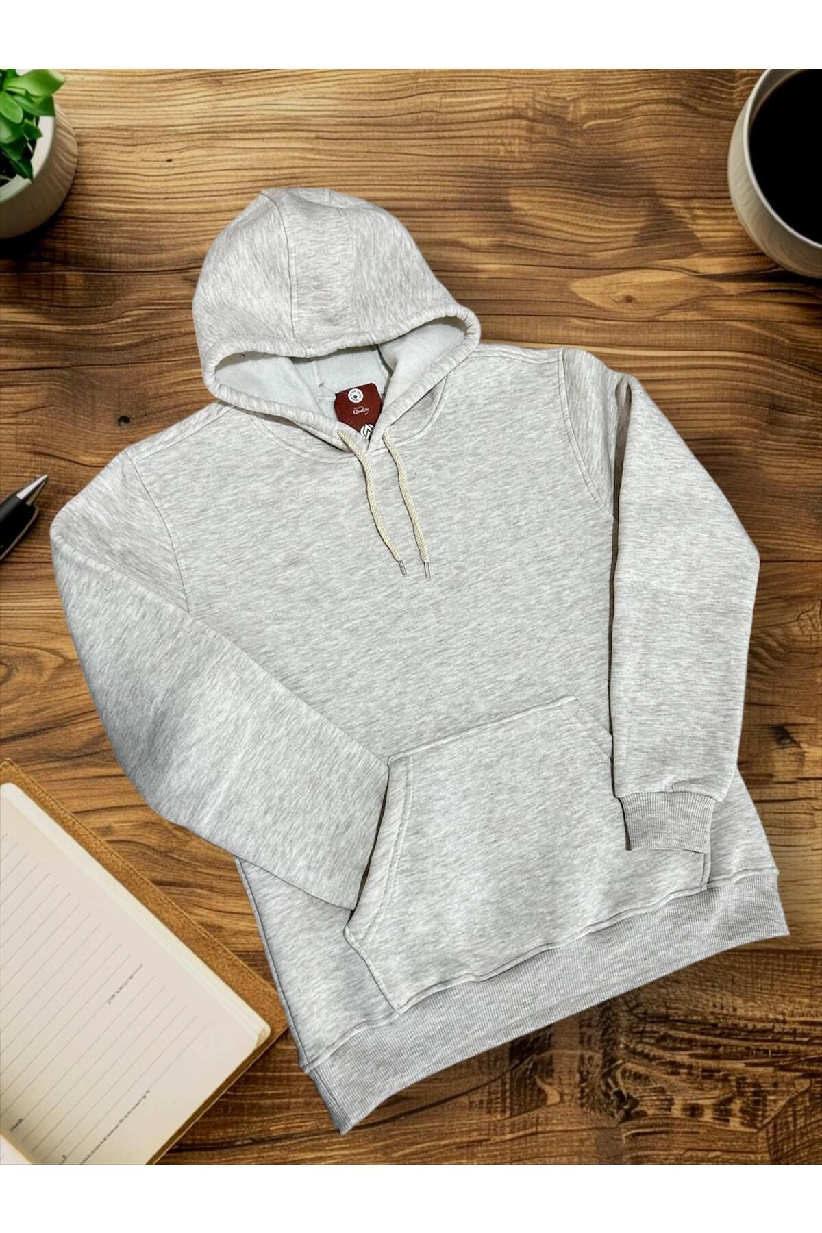 Butik Kapüşonlu gri kanguru cepli 3iplik şardonlu kalın Unisex Sweatshirt Hoodie