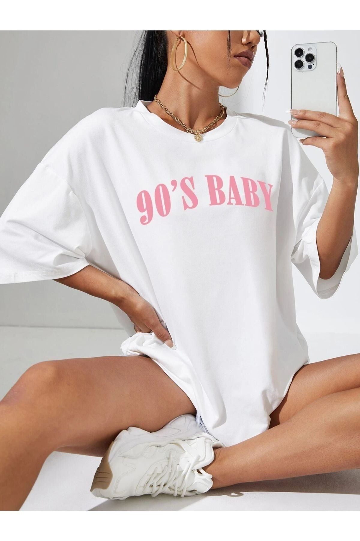GIANTSTORE Kadın Beyaz 90's Baby Baskılı Bisiklet Yaka Tshirt
