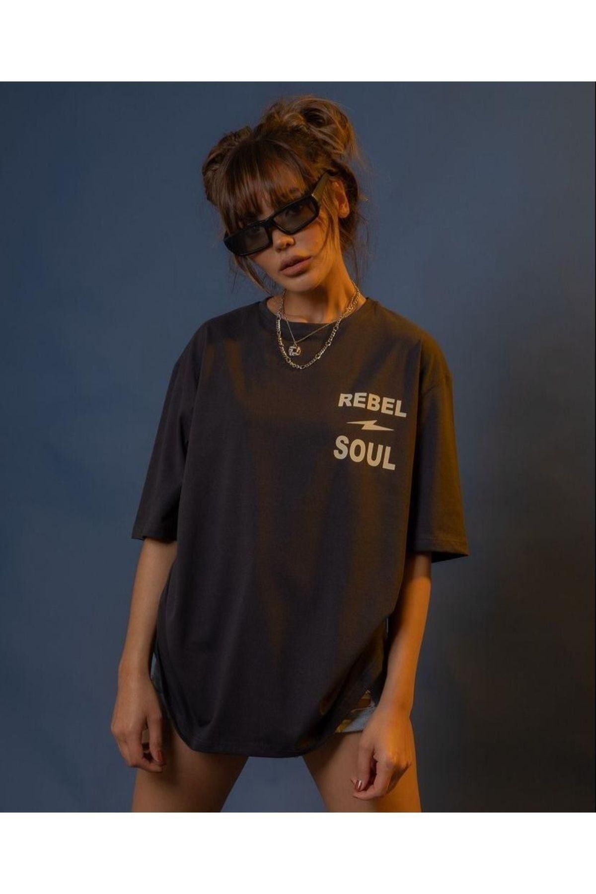 GIANTSTORE Kadın Rebel Soul Baskılı Oversize Bisiklet Yaka Kısa Kollu Tişört
