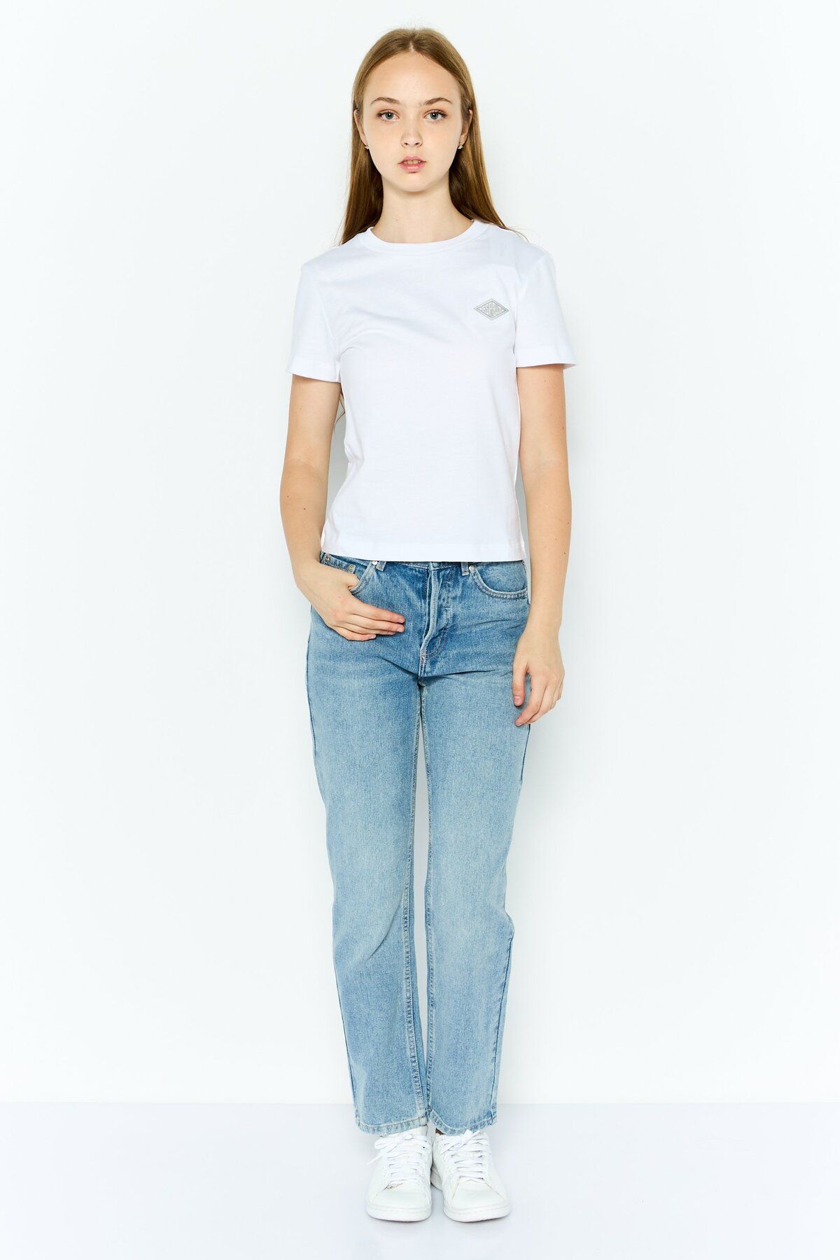 Esprit-Women Round Neck Short Sleeves Brand Logo T-Shirt, White 3