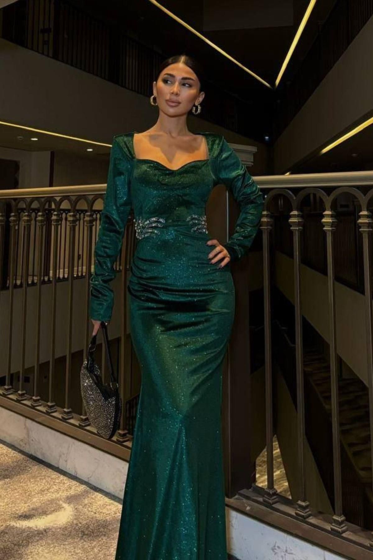 Mossta-Green Velvet Evening Dress - Long Sleeve and Stone Detail Glitter 2