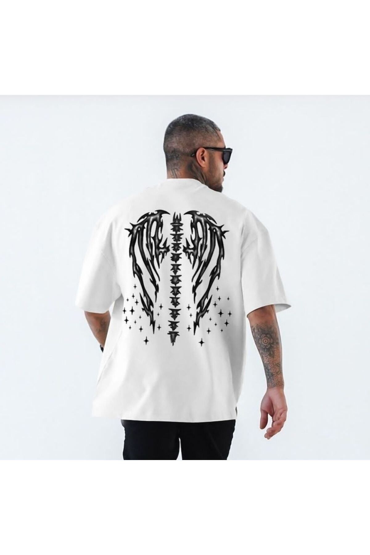 GIANTSTORE Kadın Beyaz Yıldızlı Melek Kanadı Baskılı Bisiklet Yaka Tshirt
