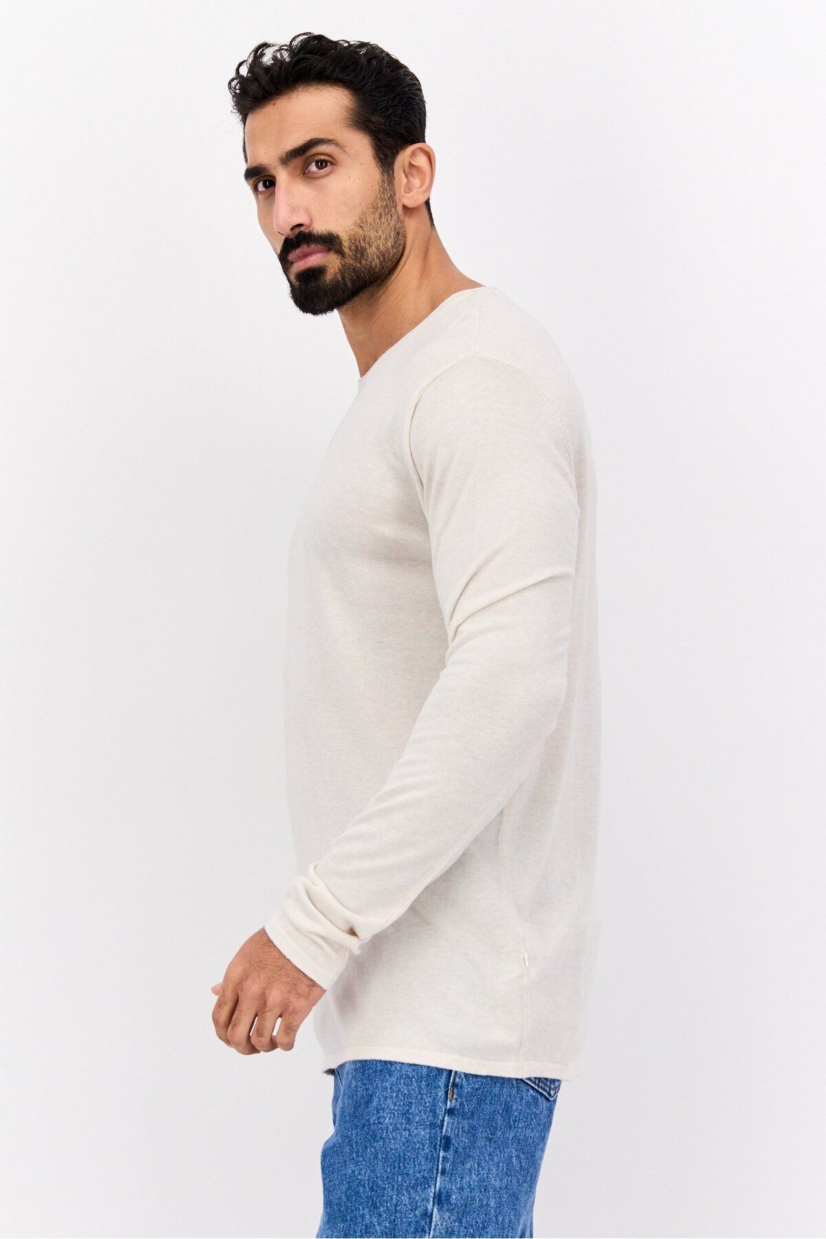 Selected Homme-سويت شيرت رجالي سادة بأكمام طويلة وياقة دائرية، لون بيج 2