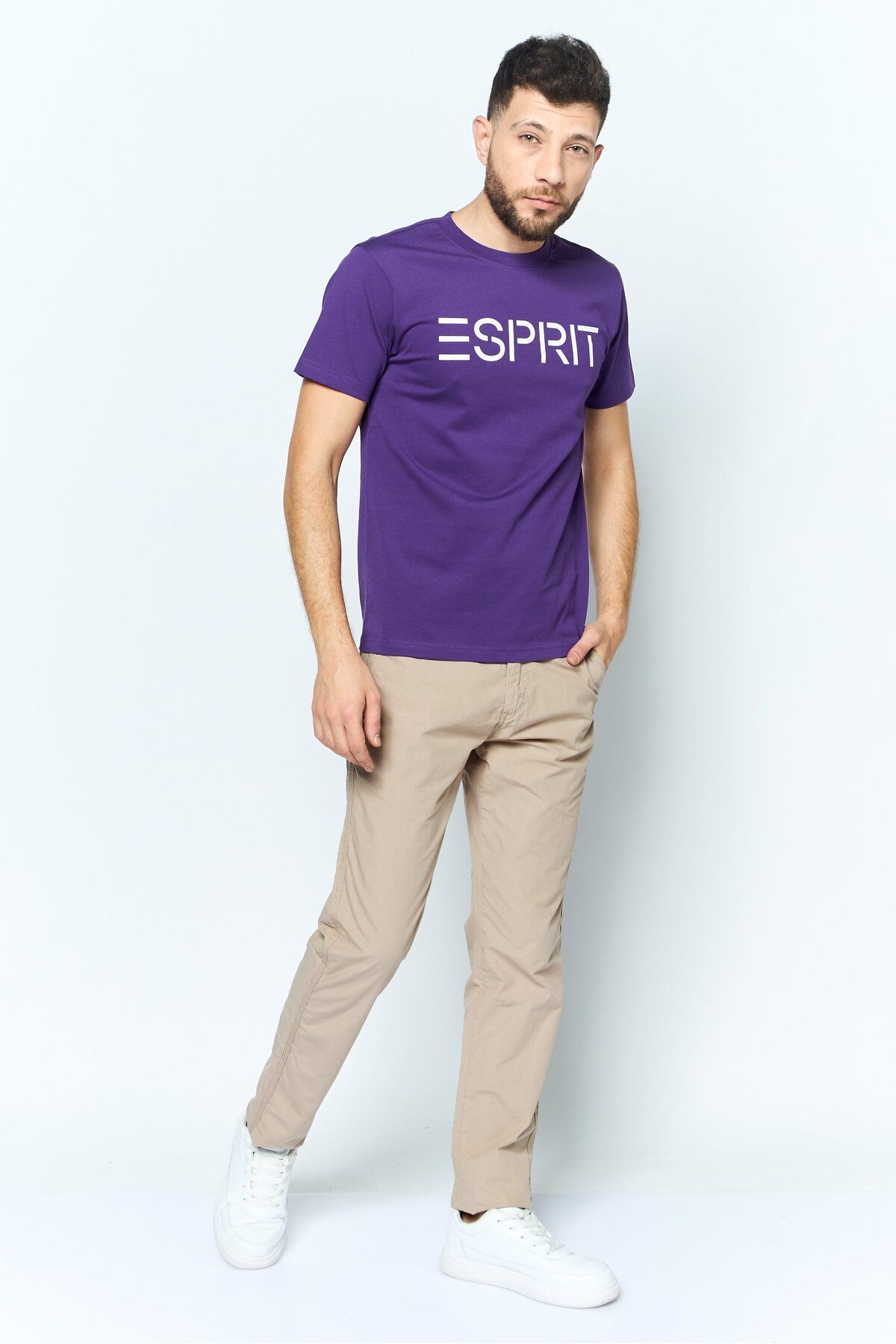 Esprit-تي شيرت رجالي بشعار العلامة التجارية بأكمام قصيرة ورقبة دائرية، أرجواني 2