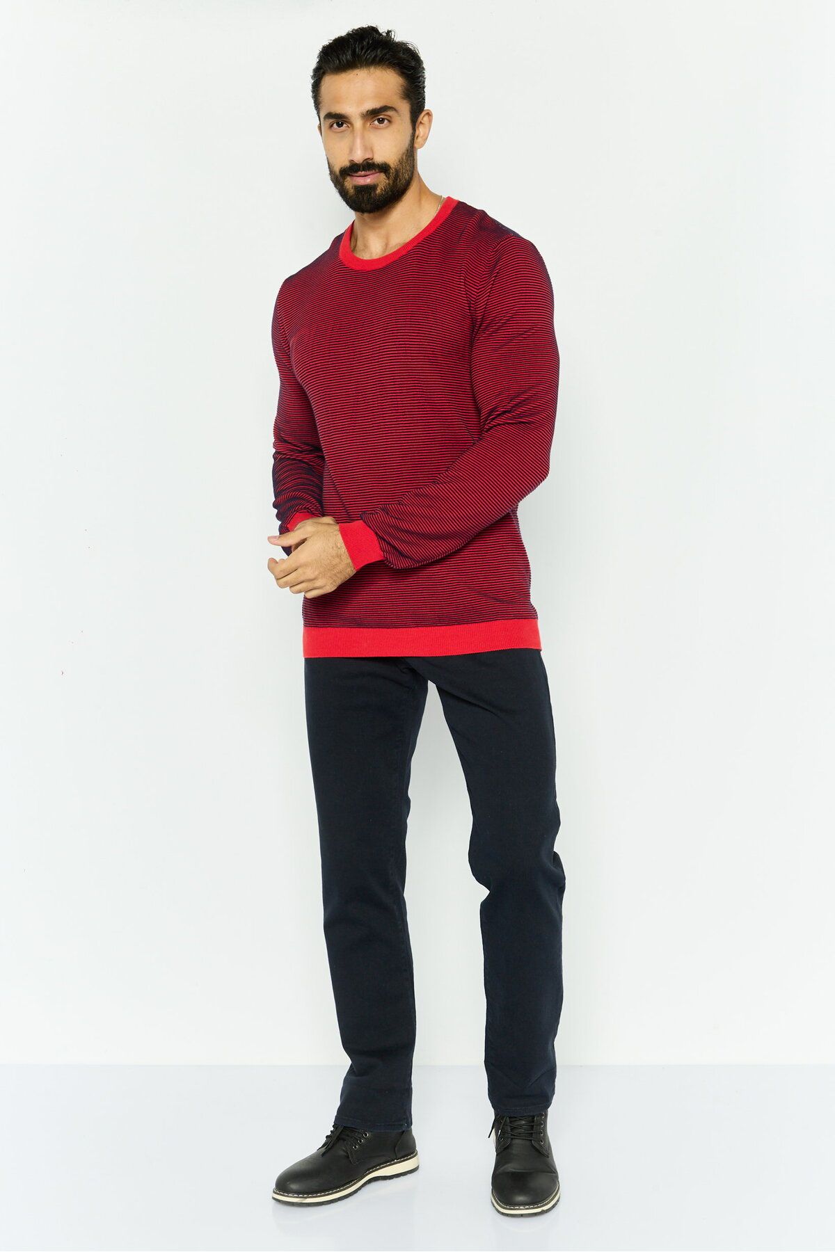 Trussardi Jeans-Men Crew Neck Long Sleeve Textured Sweater, Red 4