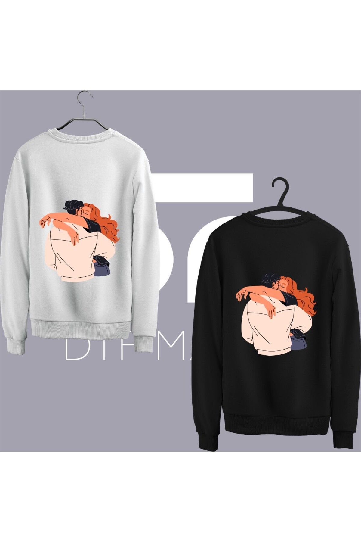 dtfmarkt 2'li "Sarılan Çift" Sırt Baskılı Sweatshirt