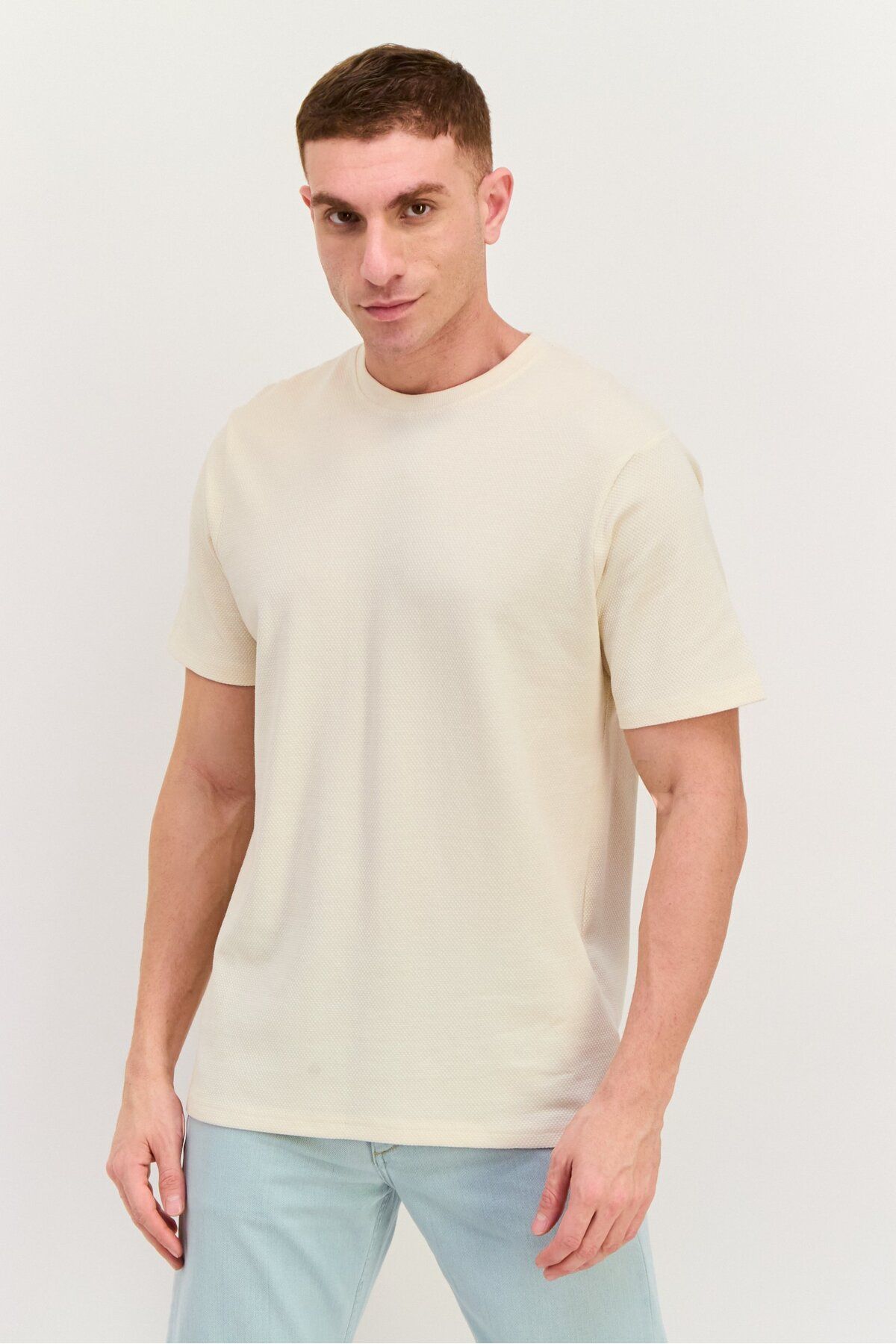 Threadbare-Men Crew Neck Short Sleeves Textured Clay T-Shirt, Beige 1