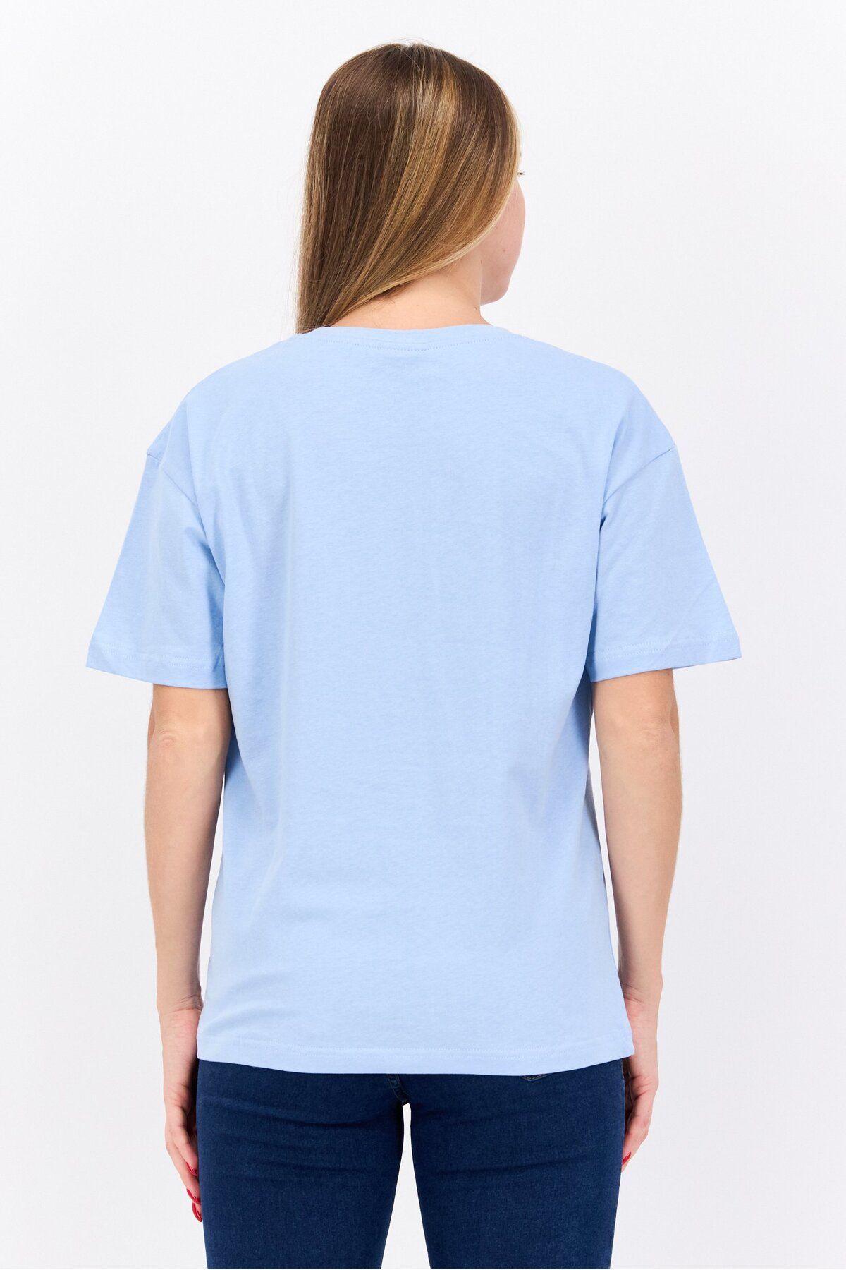 Elvis-Women Round Neck Short Sleeve Embroidered Logo T-shirt, Light Blue 2