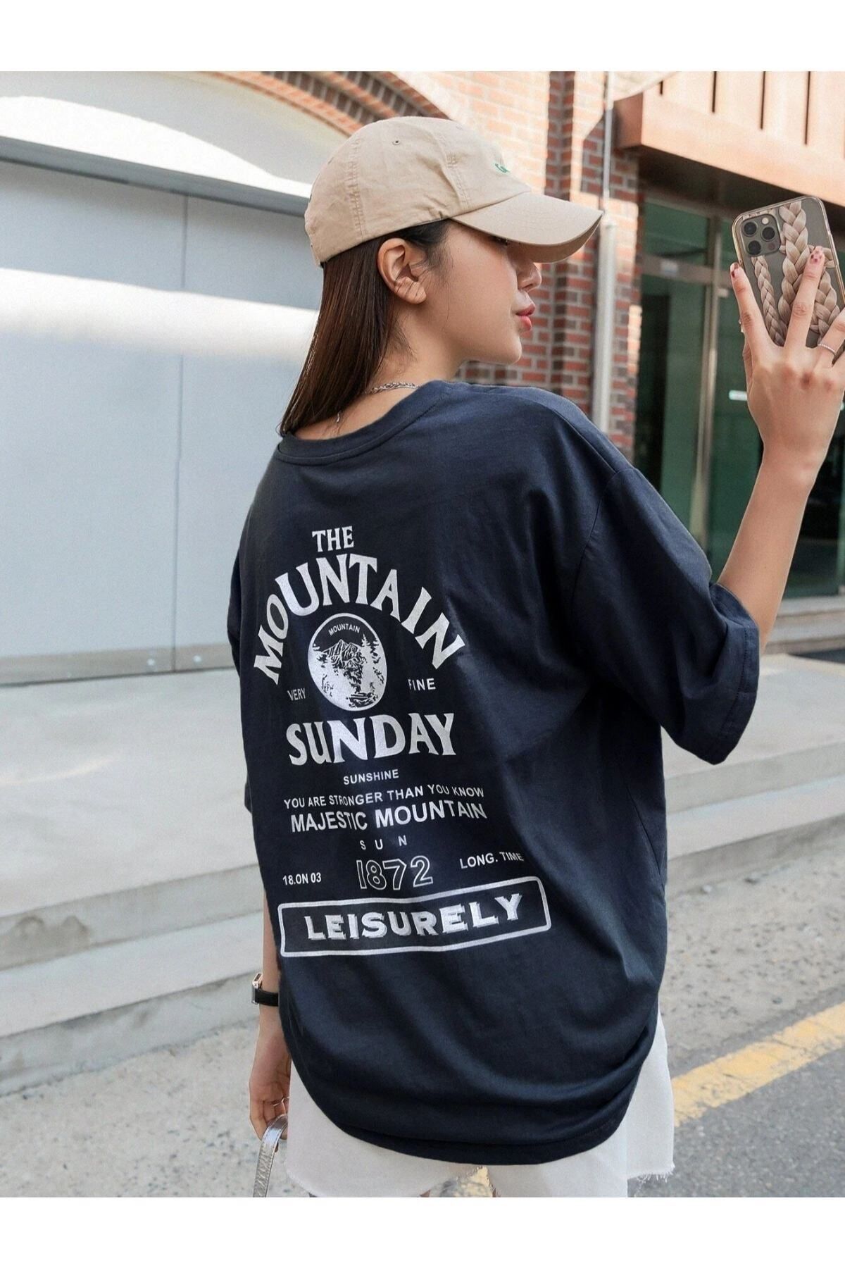 GIANTSTORE Radjeanss Kadın Lacivert Mountaın Baskılı Bisiklet Yaka Tshirt