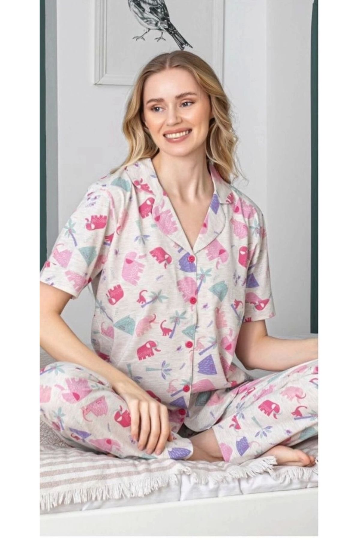 buHillco Alissa Kadın Fil Desenli Patlı Pijama Takımı