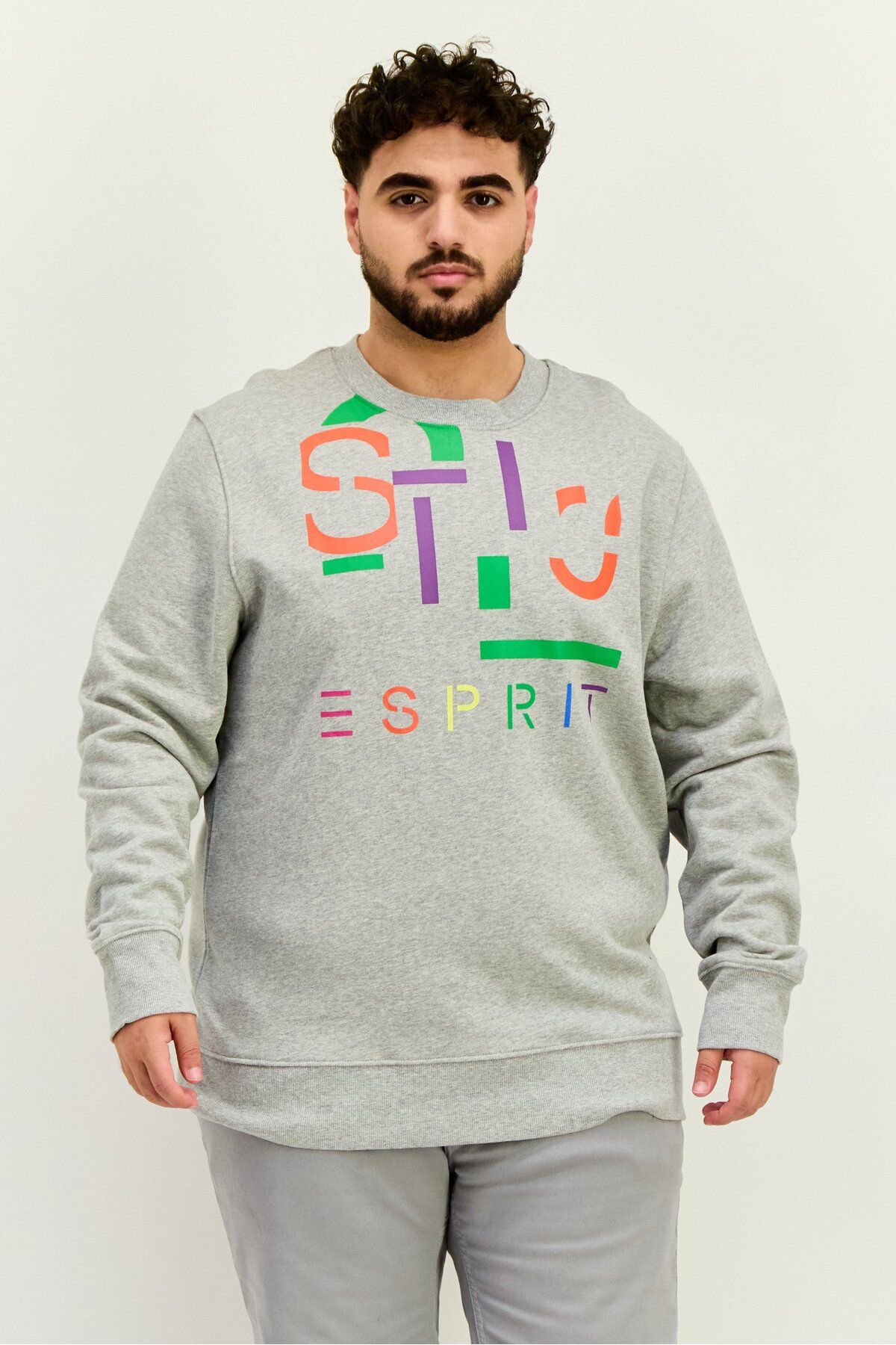 Esprit-Men Crew Neck Long Sleeves Brand Logo Sweatshirt, Grey 1