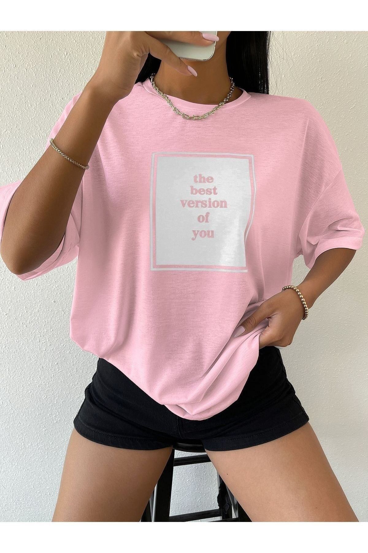 GIANTSTORE Kadın Pembe The Best Baskılı Oversize Bisiklet Yaka Tshirt
