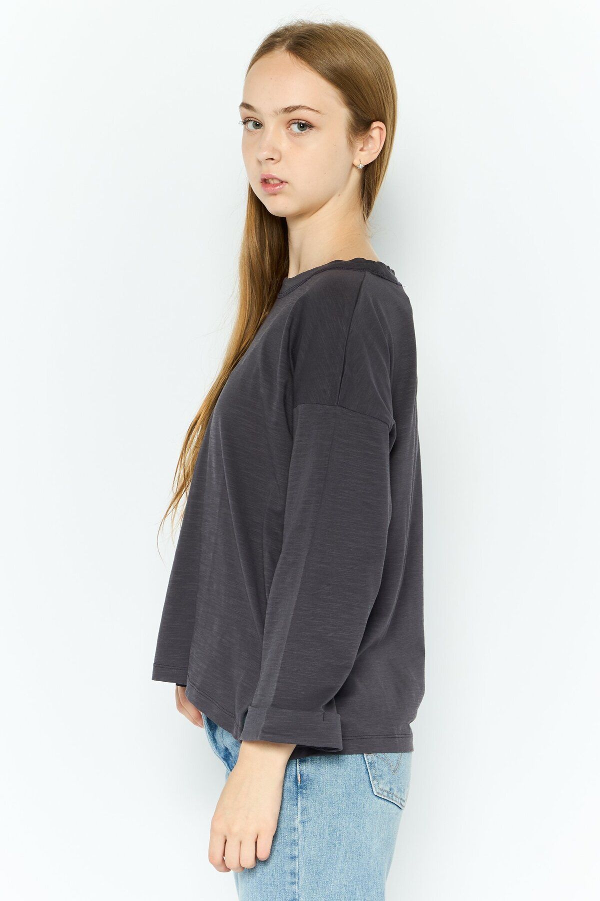 Esprit-بلوزات نسائية سادة بأكمام طويلة وياقة دائرية، لون فحمي 2
