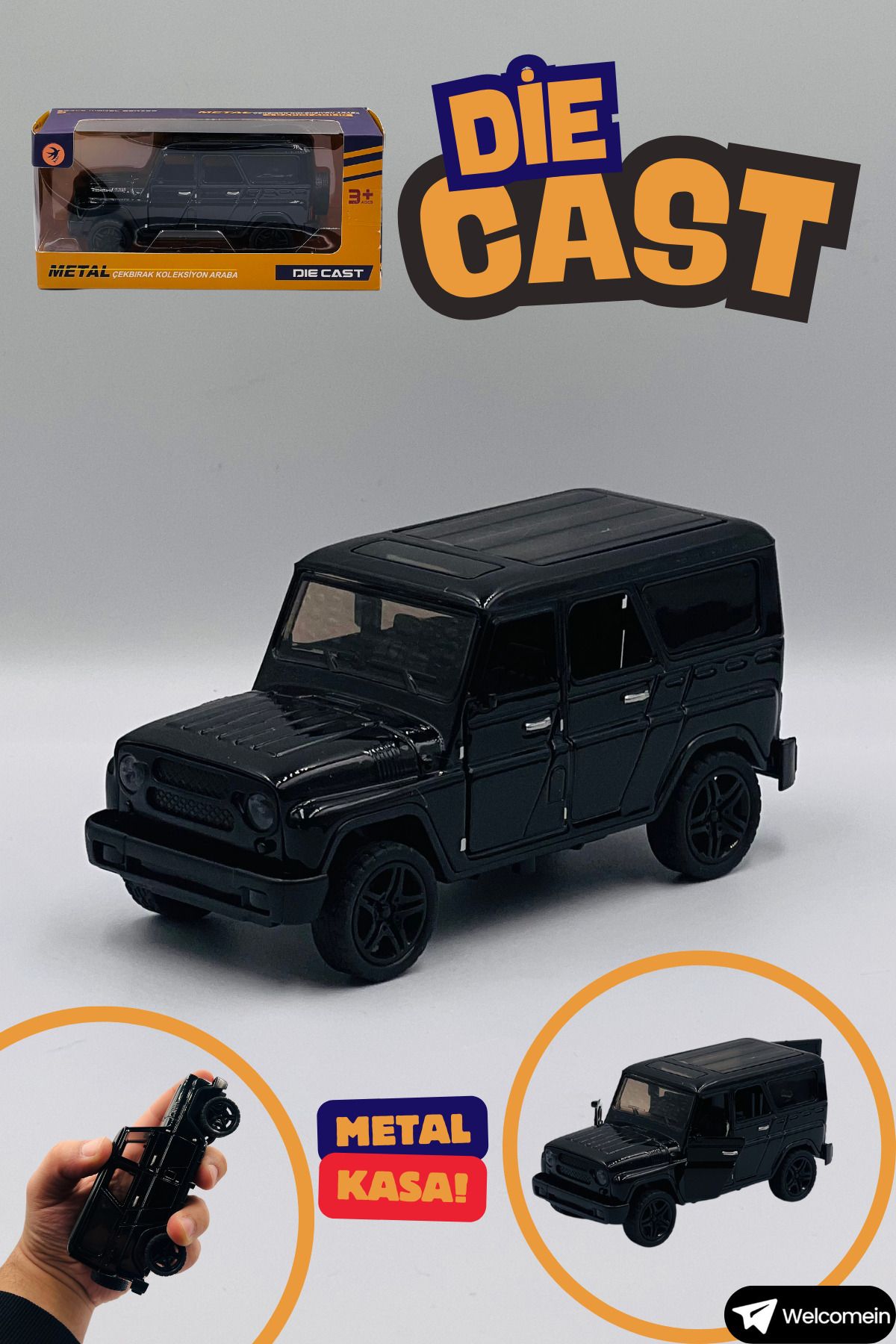 welcomein Oyuncak Siyah Jeep G Seri Model Çek Bırak Kutulu Metal Die Cast Araba Kapıları Açılan Koleksiyon