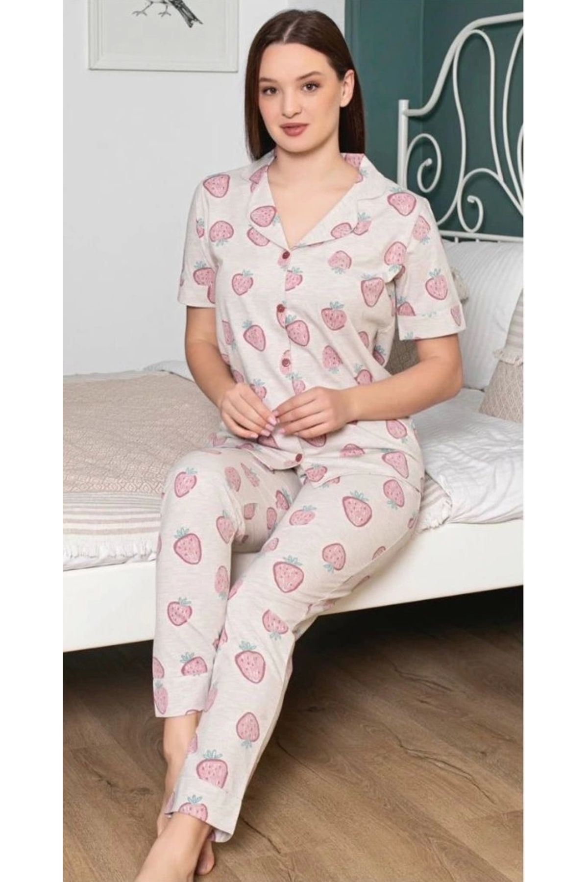 buHillco Alissa kadın Çilek Desenli Patlı Pembe Pijama Takımı