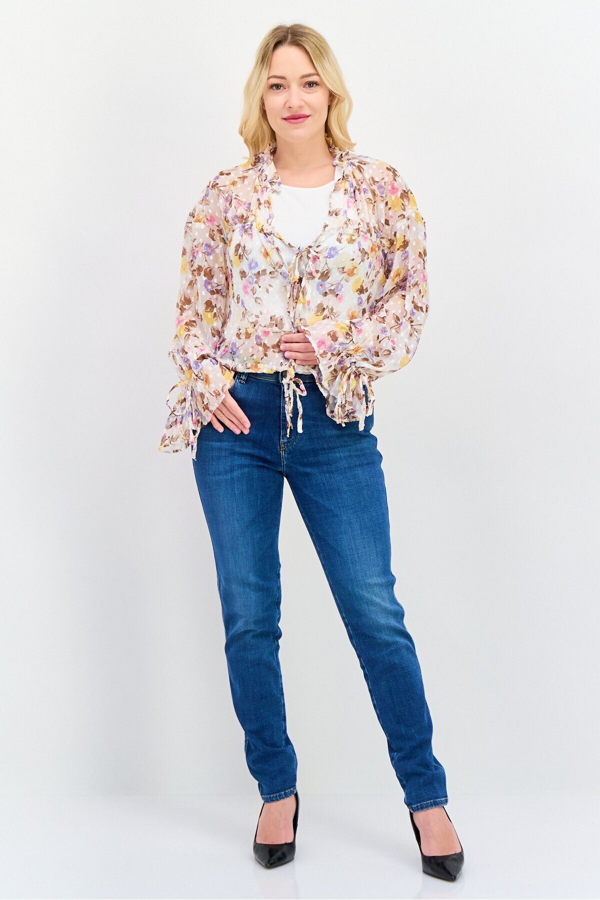Asos Design-Women Ruffle Neck Long Sleeves Floral Print Blouse, Beige 4