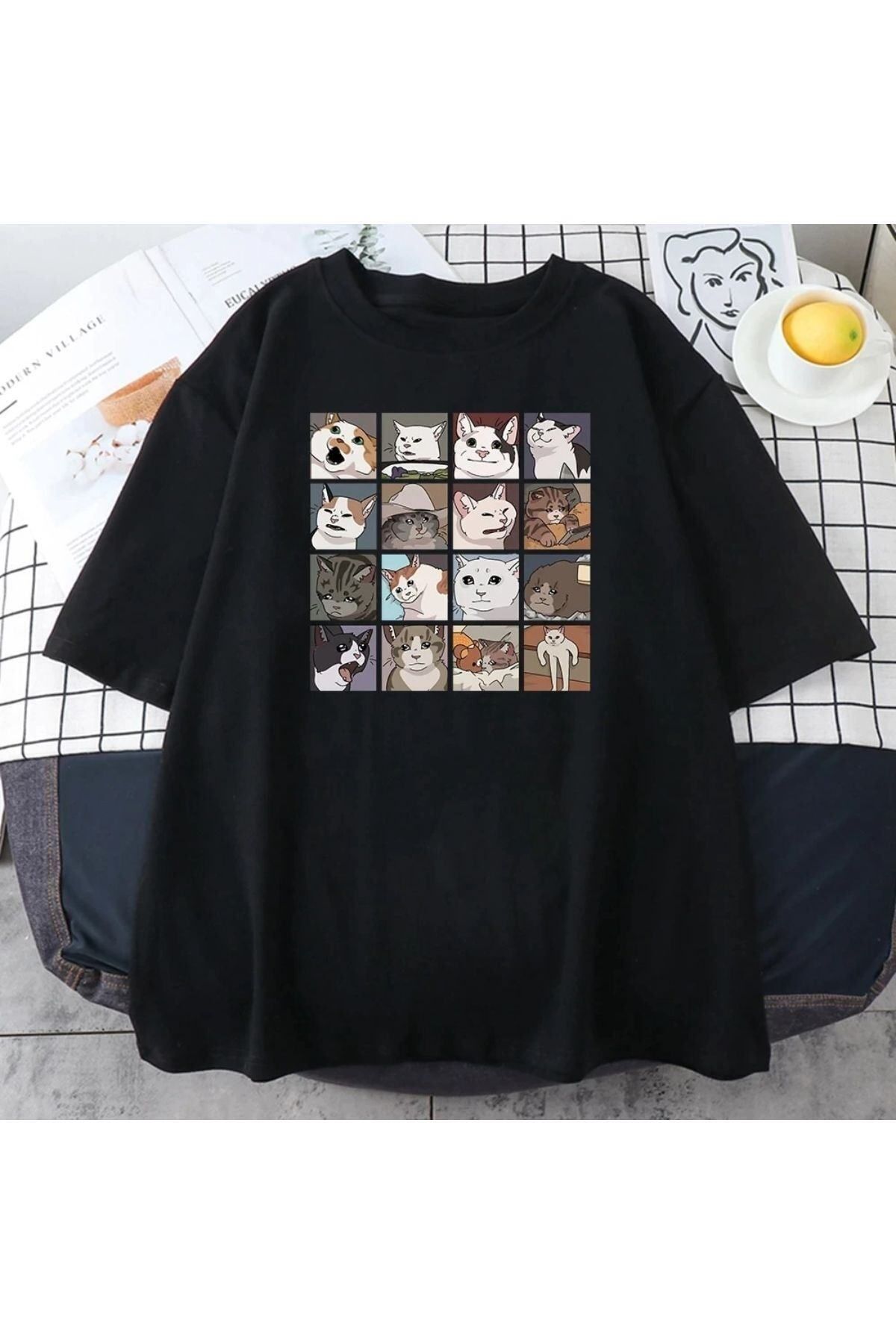 GIANTSTORE Erkek Siyah Cat Baskılı Oversize Bisiklet Yaka Tshirt