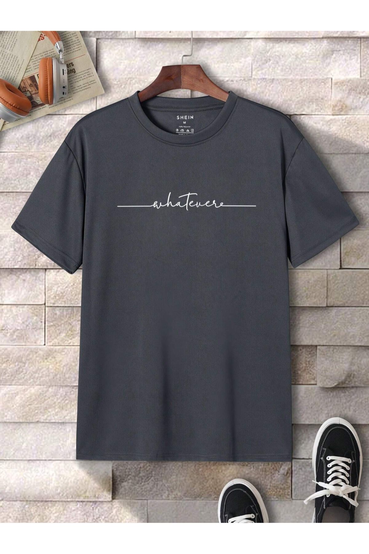 GIANTSTORE Whatever Baskılı Oversize Antrasit Erkek Tişört