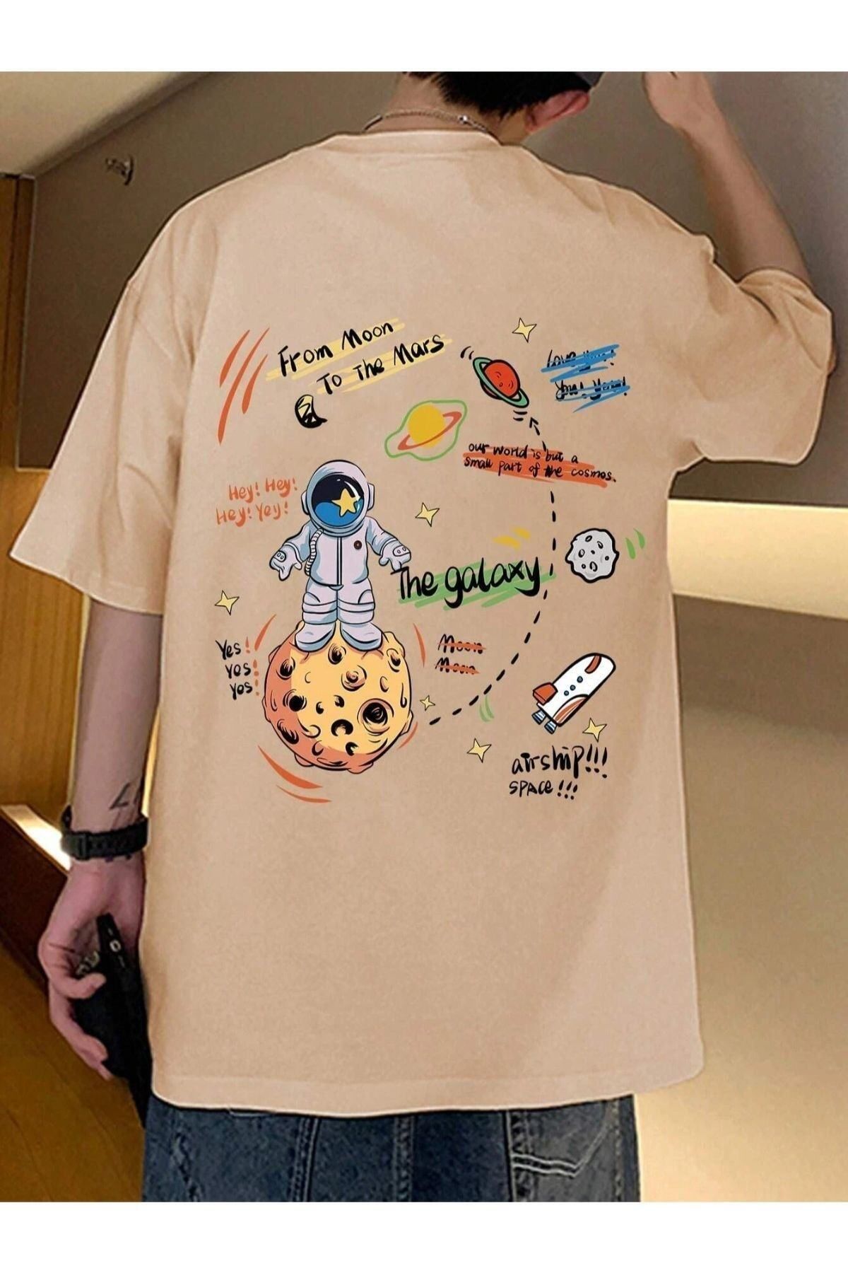 GIANTSTORE Unisex Bej The Galaxy Gezegen Baskılı Oversize Bisiklet Yaka Tshirt
