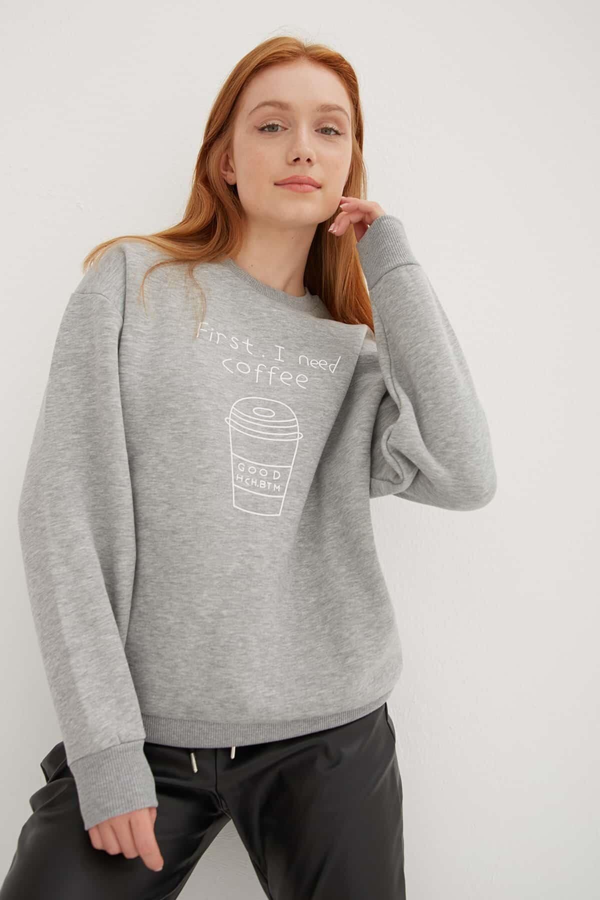 Fashion Friends-Crew Neck Printed Sweat Gray Melange 1