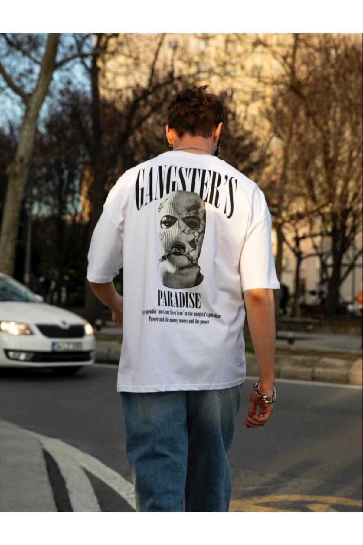 GIANTSTORE Erkek Beyaz Gangster’s Paradise Baskılı Oversize Pamuklu Bisiklet Yaka T-shirt