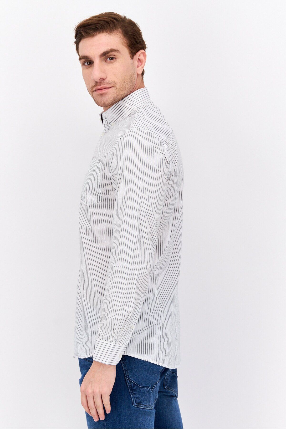 Pepe Jeans-Men Slim Fit Stripped Long Sleeve Casual Shirt, White 2