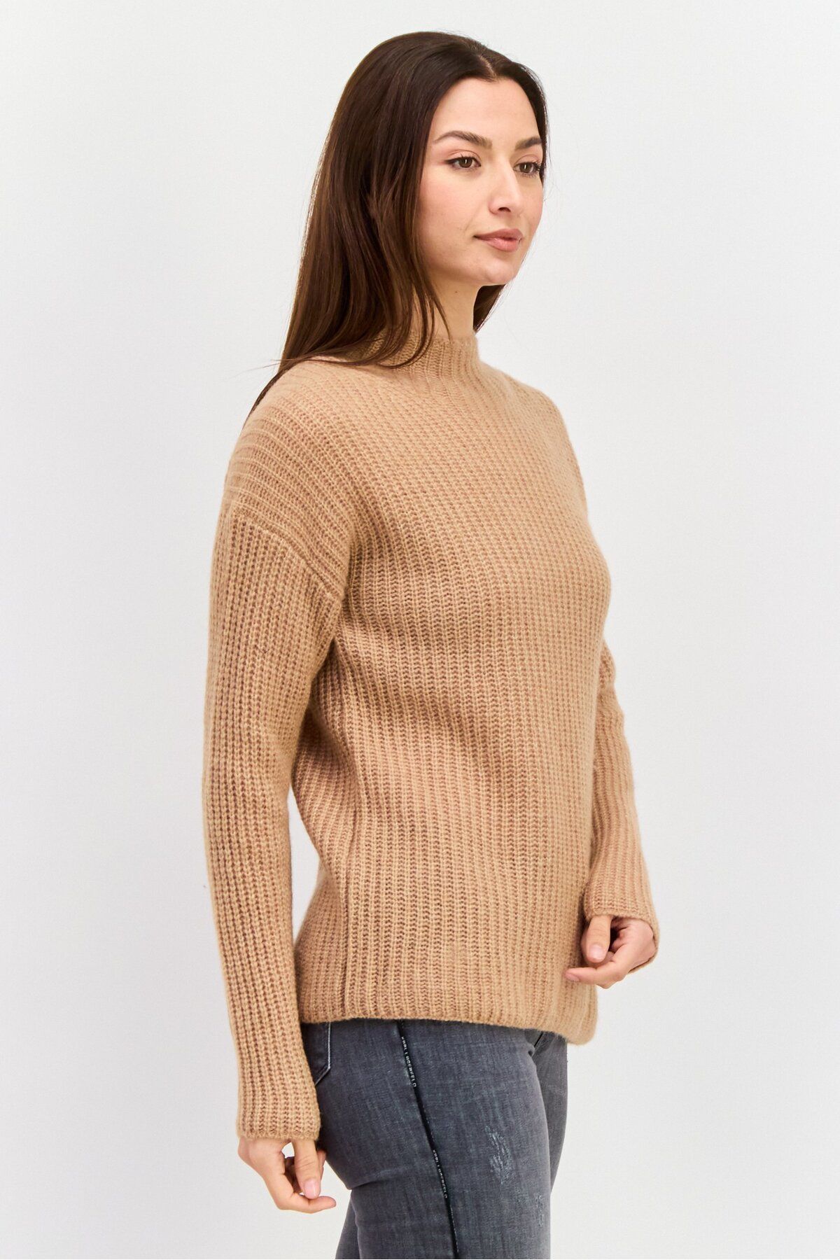 Hugo Boss-Women Mock Neck Knitted Sweater, Brown 2