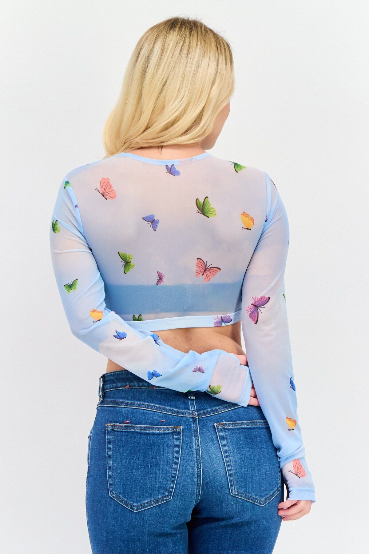 OW Intimates-Women Crisscross Neckline Long Sleeve Allover Print Top, Blue Combo 3