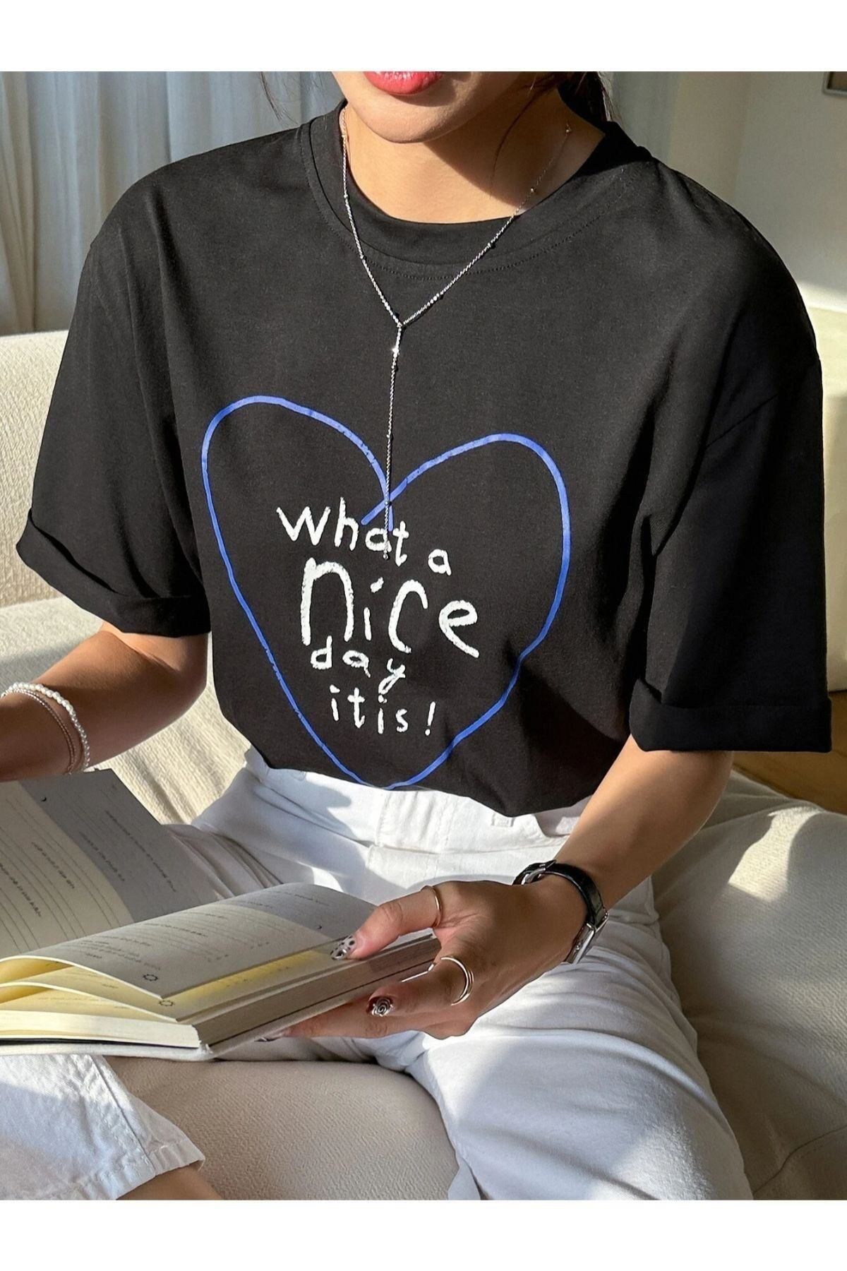 GIANTSTORE Kadın Siyah Nıce Day Baskılı Bisiklet Yaka Tshirt