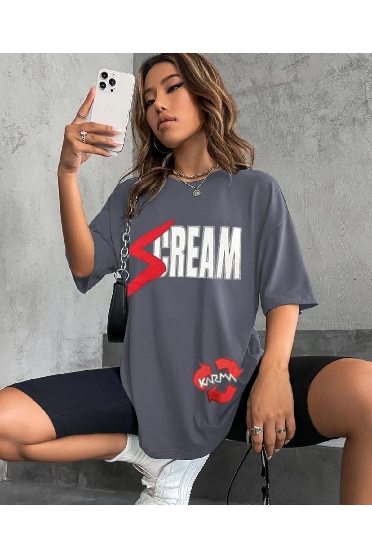 GIANTSTORE Kadın Füme Cream Baskılı Bisiklet Yaka Tshirt
