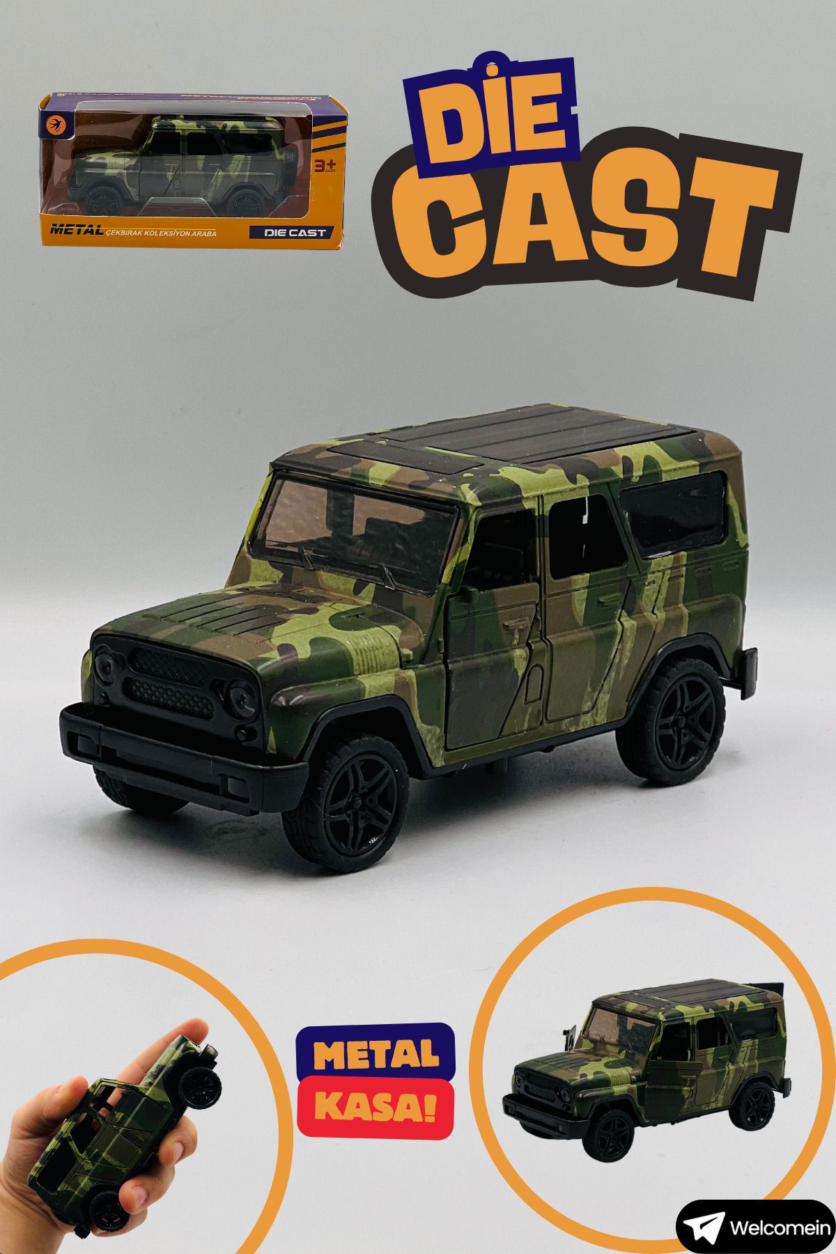 welcomein Oyuncak Askeri Jeep Model Çek Bırak Kutulu Metal Die Cast Araba Kapıları Açılan Koleksiyoncular Özel