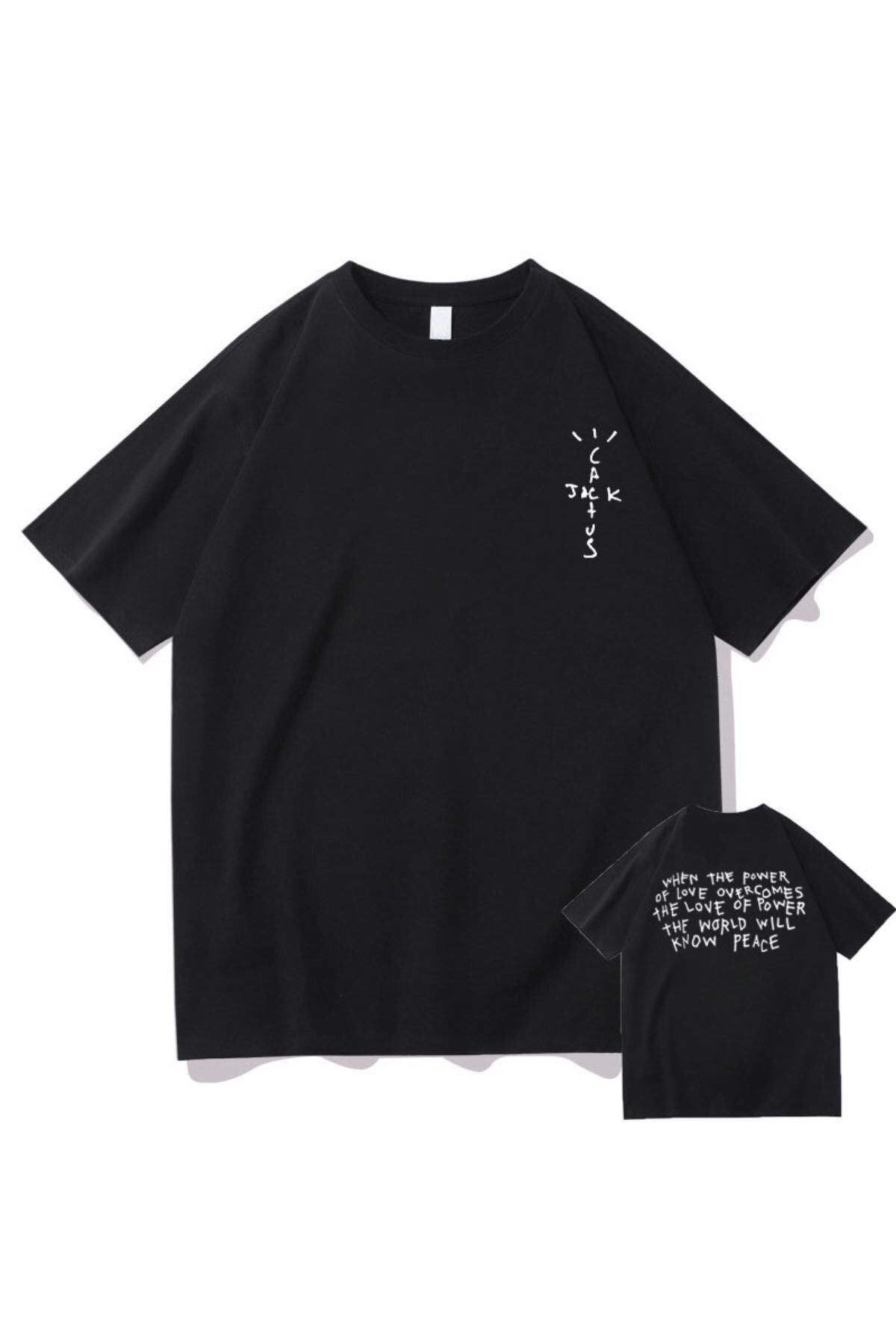 GIANTSTORE Erkek Siyah Cactus Jack Baskılı Oversize Bisiklet Yaka Tshirt