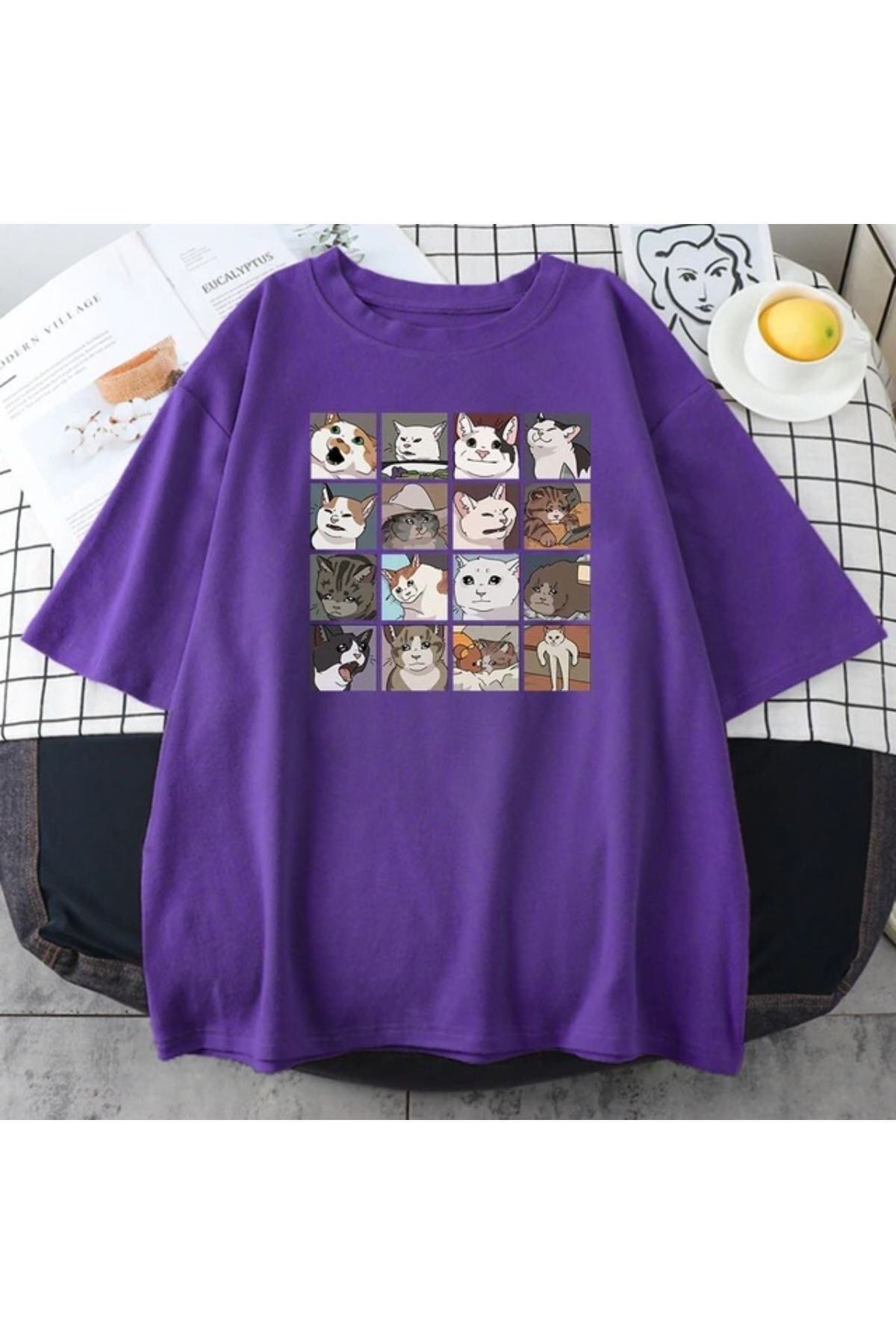 GIANTSTORE Erkek Mor Cat Baskılı Oversize Bisiklet Yaka Tshirt